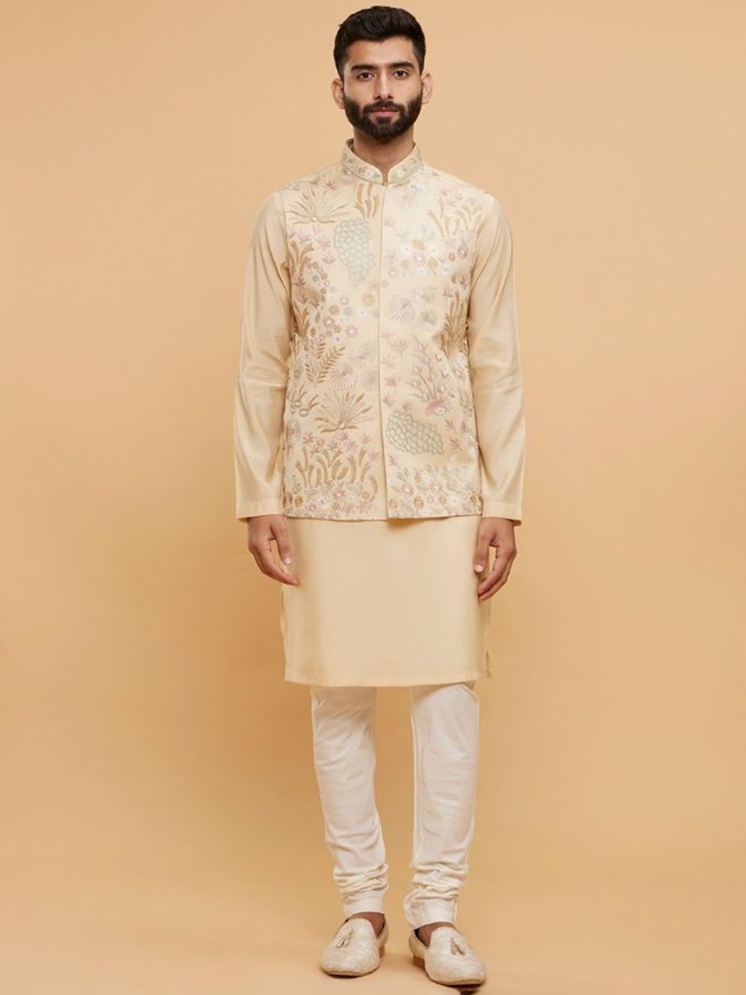 

Twamev Mandarin Collar Long Sleeves Regular Straight Kurta With Churidar With Nehru Jacket, Beige