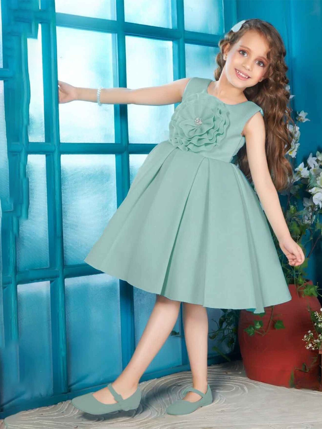 

Lagorii Girls Floral Applique Fit & Flare Dress, Sea green