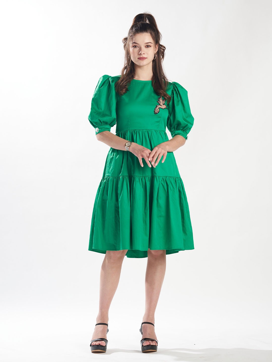 

ZILAIRE Puff Sleeve Tiered Fit & Flare Cotton Dress, Green