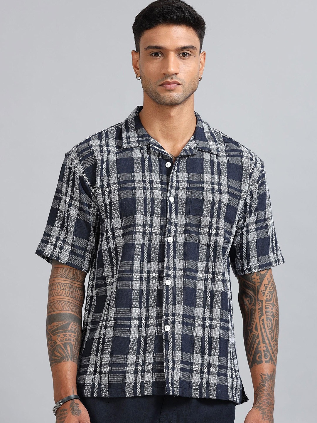 

HOUSE OF MAHNOTS Men Classic Opaque Checked Casual Shirt, Navy blue