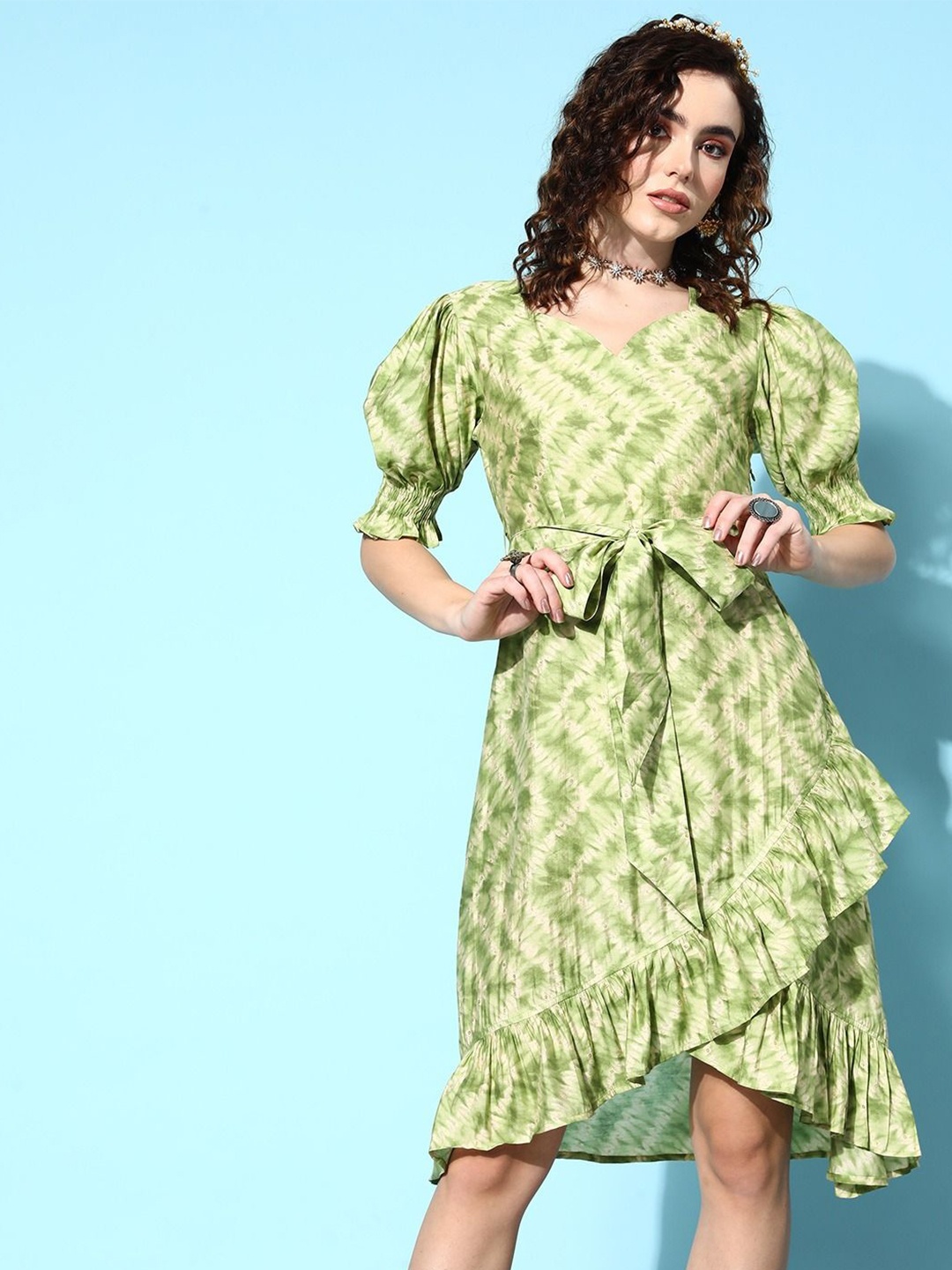 

BAESD Women Tie and Dye Printed Ruffles Wrap Dress Comes with a belt, Green