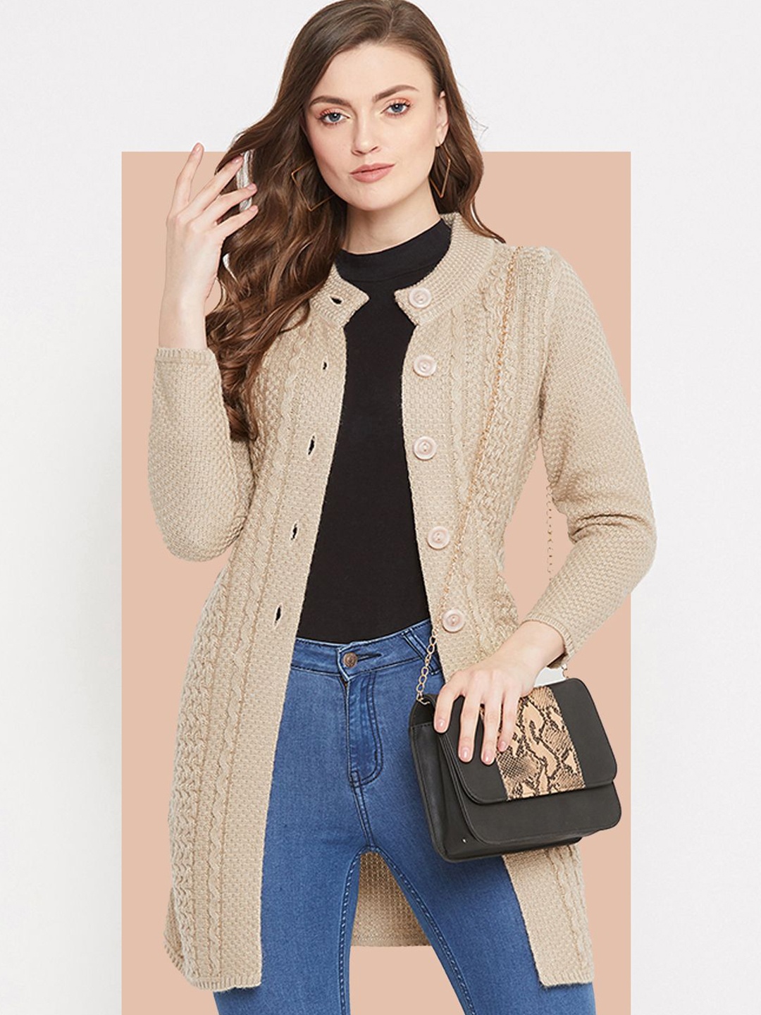 

Zigo Women Self Design Cable Knit Woollen Longline Cardigan, Beige