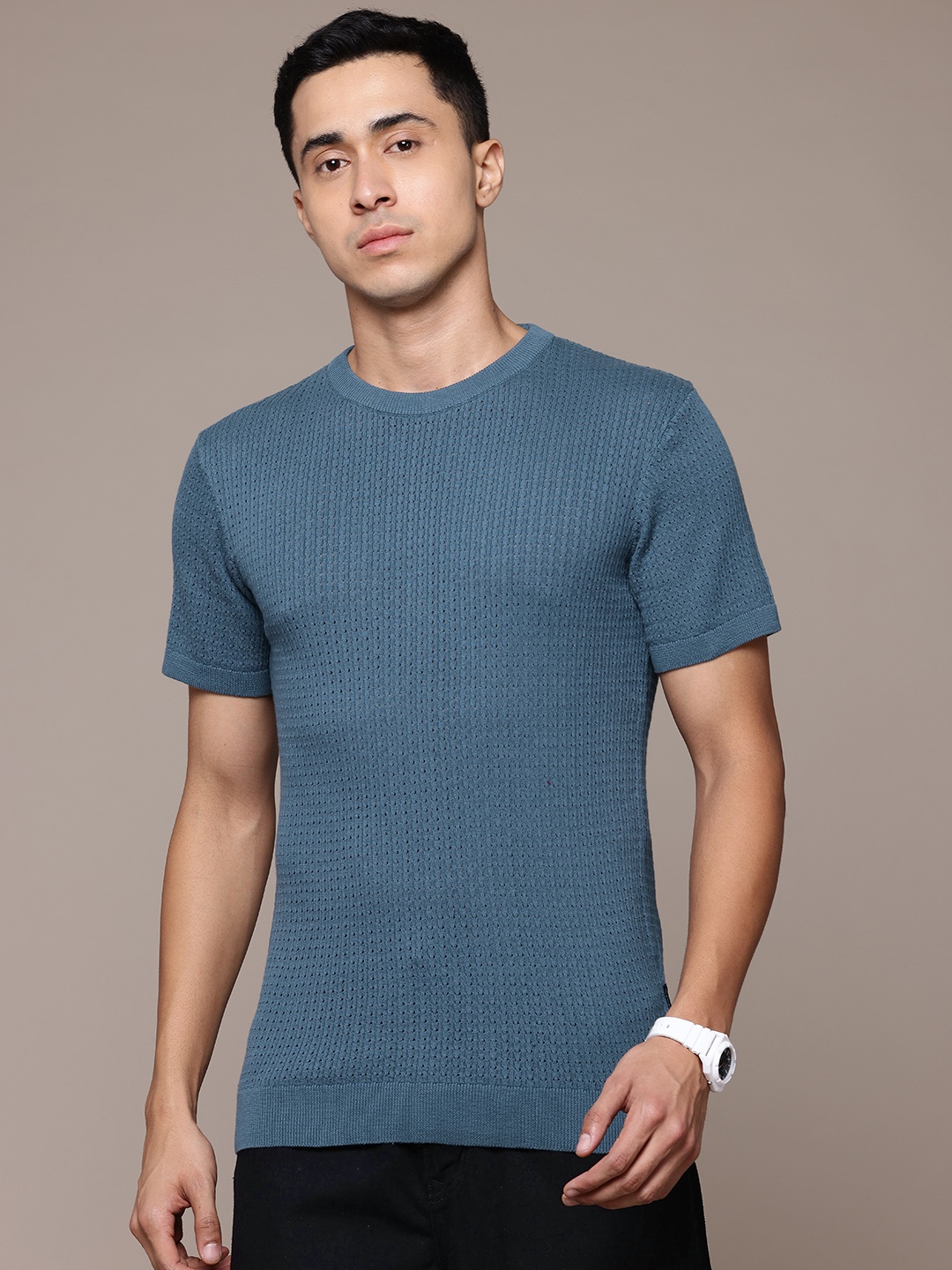 

The Roadster Lifestyle Co. Open Knit Pure Cotton T-shirt, Blue