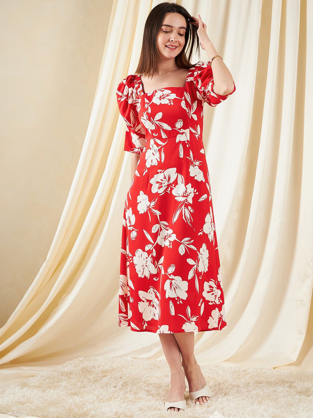 

Kibo Women Floral Printed Puff Sleeve Crepe A-Line Midi Dress, Red