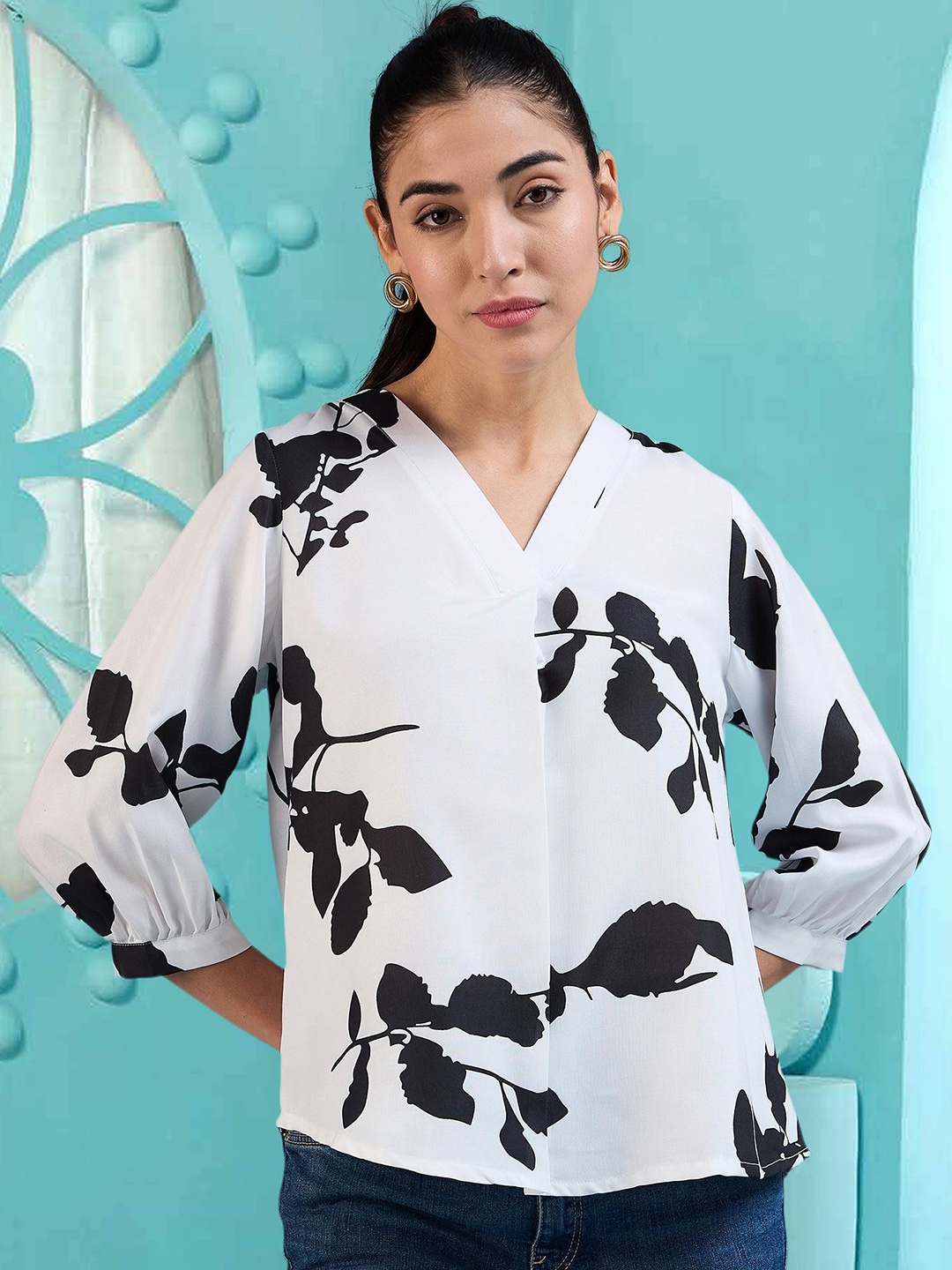 

Winza Designer Women Floral Printed Puff Sleeve Cotton Top, White