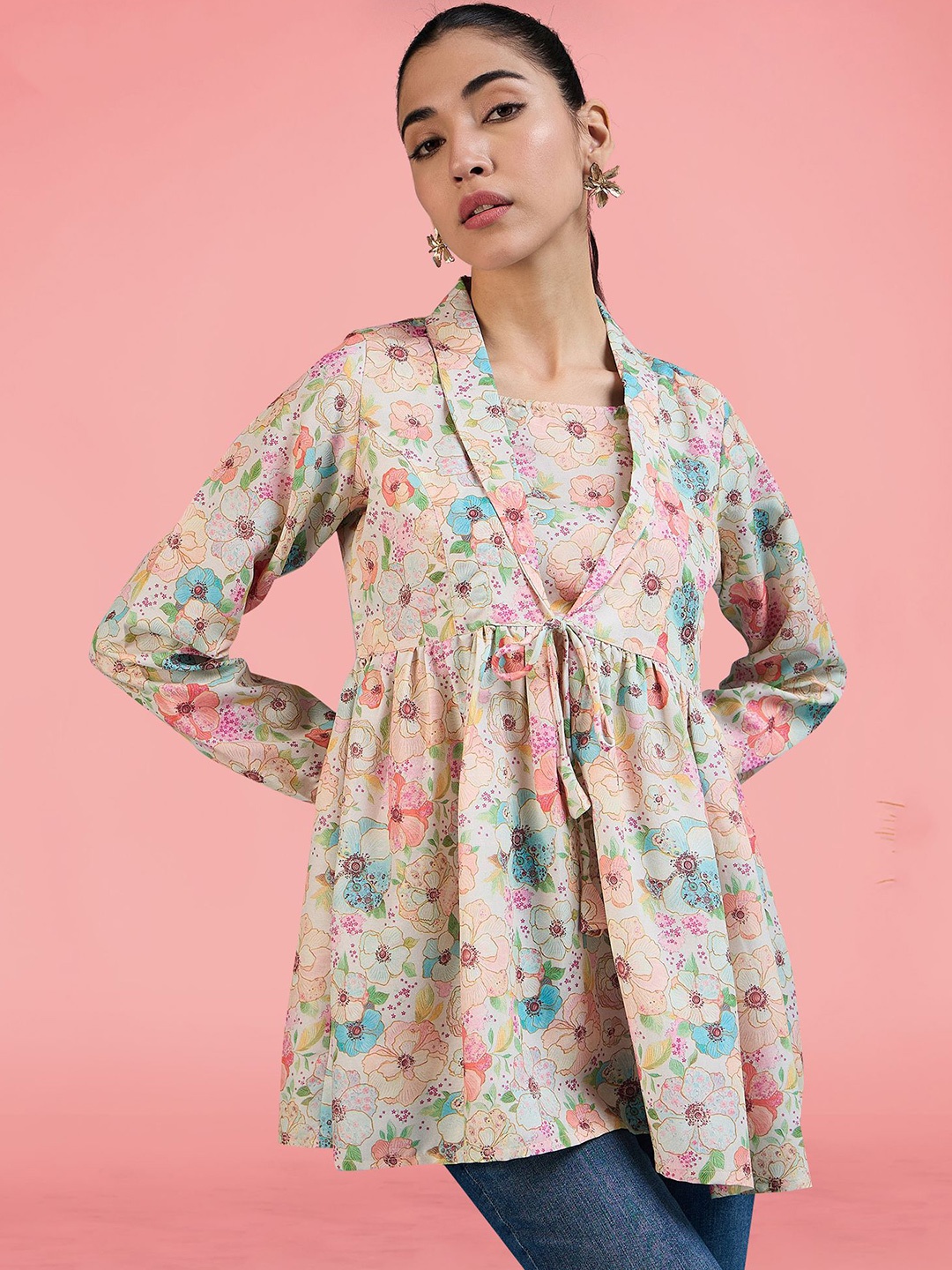 

Winza Designer Women Floral Printed Square Neck Cotton Top, Beige