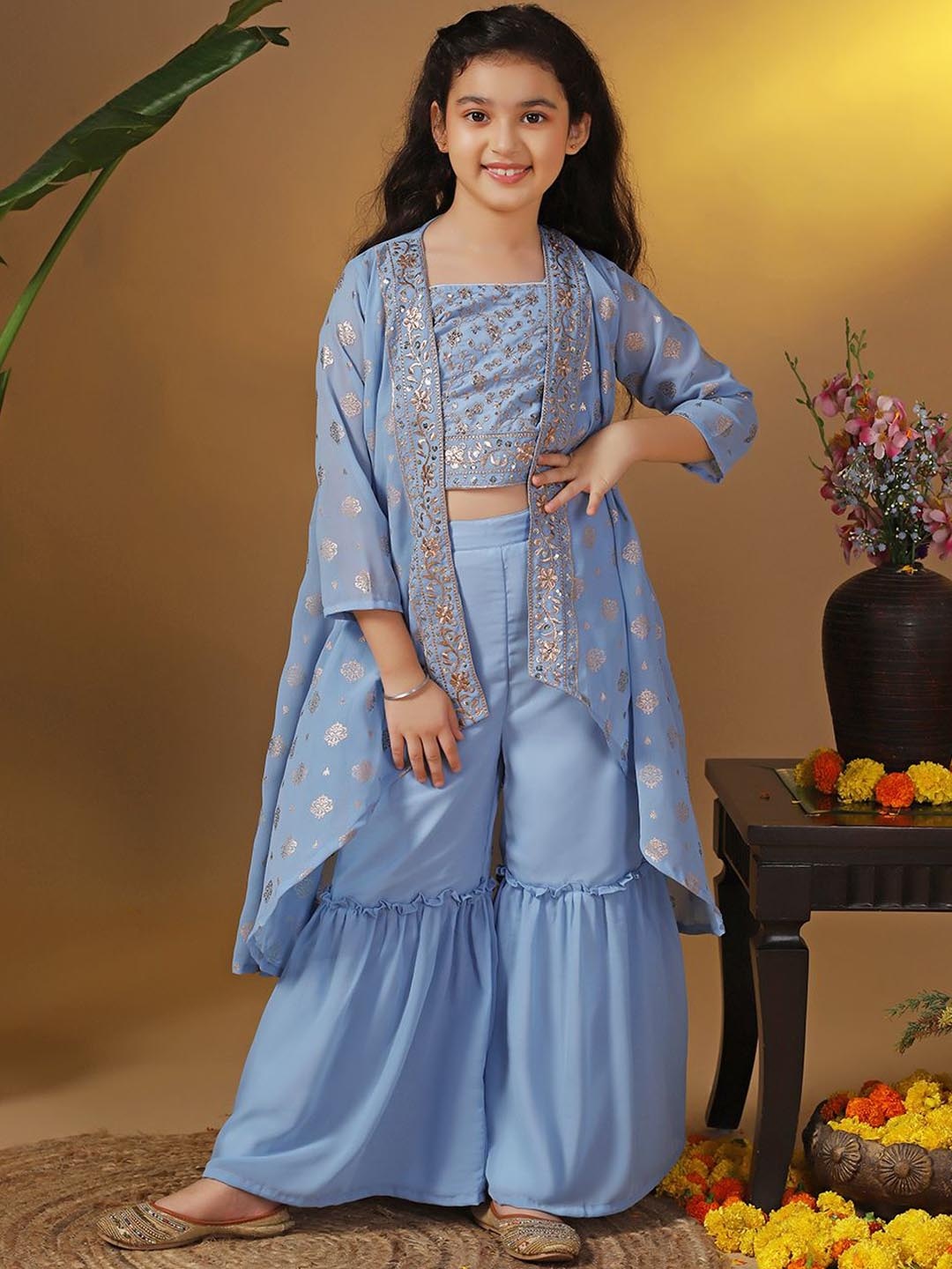 

BAESD Girls Floral Embroidered Regular Sequinned Top with Sharara, Blue