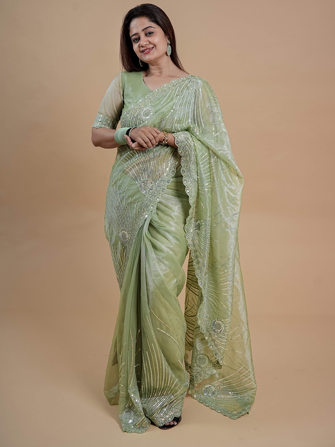 

Munir Embroidered Embellished Sequinned Tissue Saree, Green