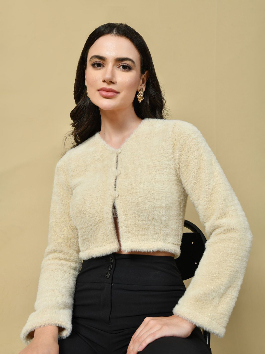 

PANDORNA Women V-Neck Winter Crop Top, Cream