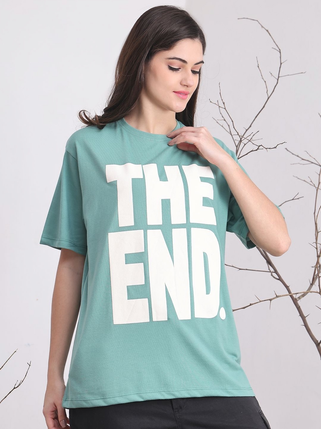 

DOOR74 Women Typography Printed Drop-Shoulder Sleeves T-shirt, Teal