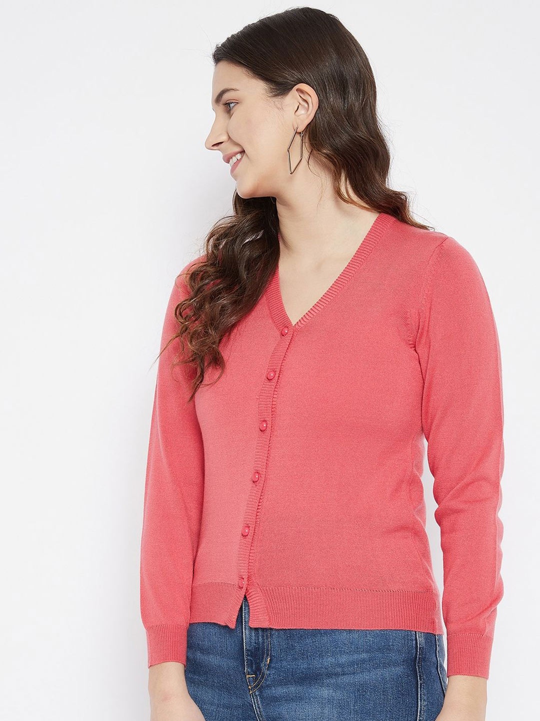 

Zigo Women Woollen V-Neck Long Sleeves Cardigan, Pink