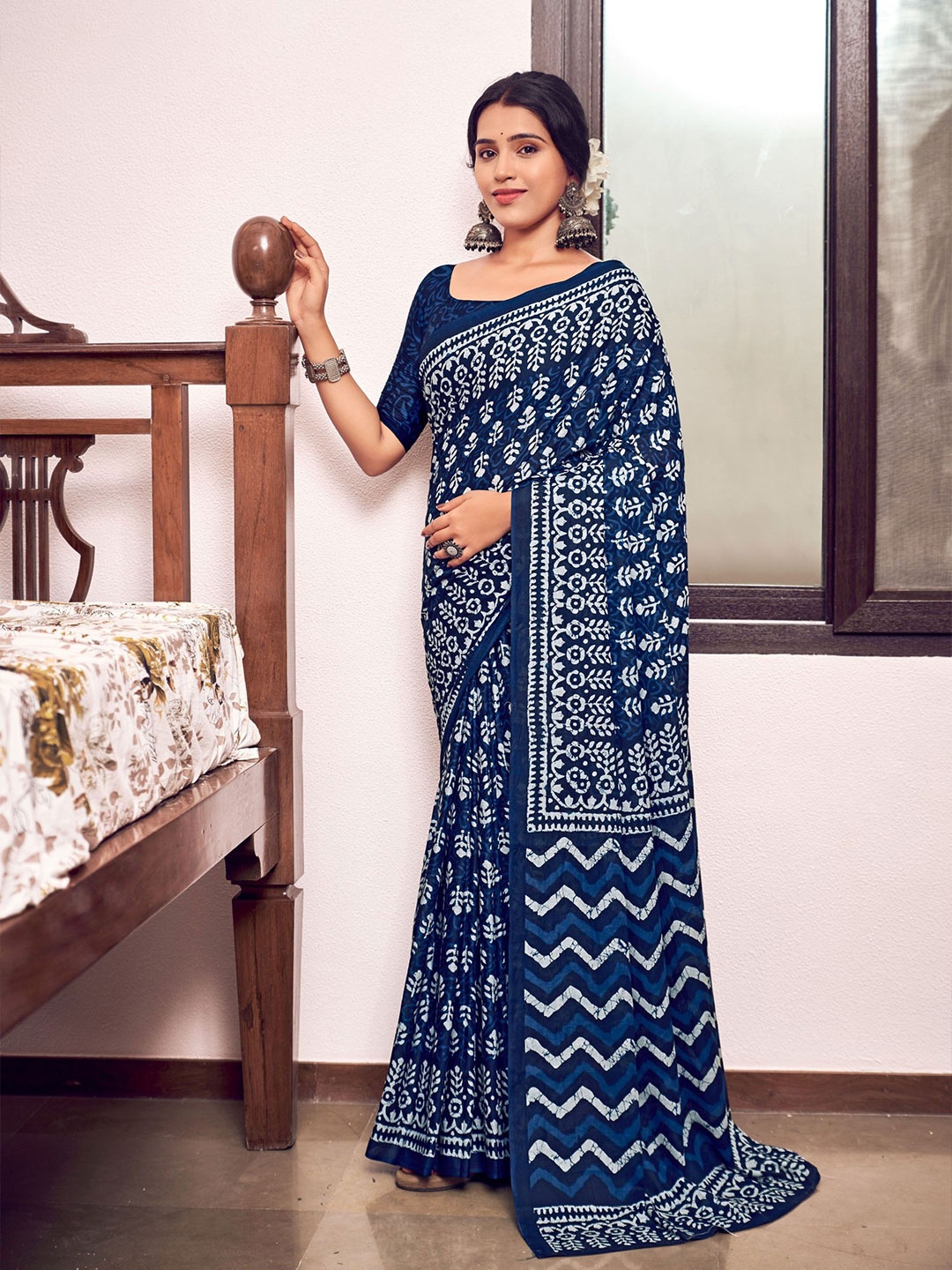 

Chandbaali Ajrak Printed Pure Cotton Bagru Saree, Blue