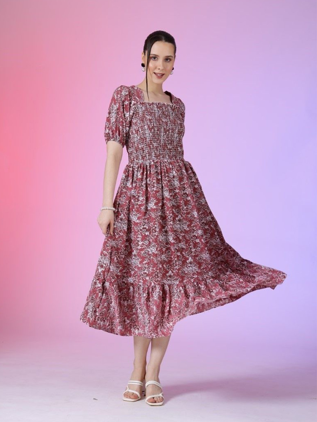

Femvy Floral Printed Square Neck Puff Sleeves Smocked Fit and Flare Midi Dress, Pink