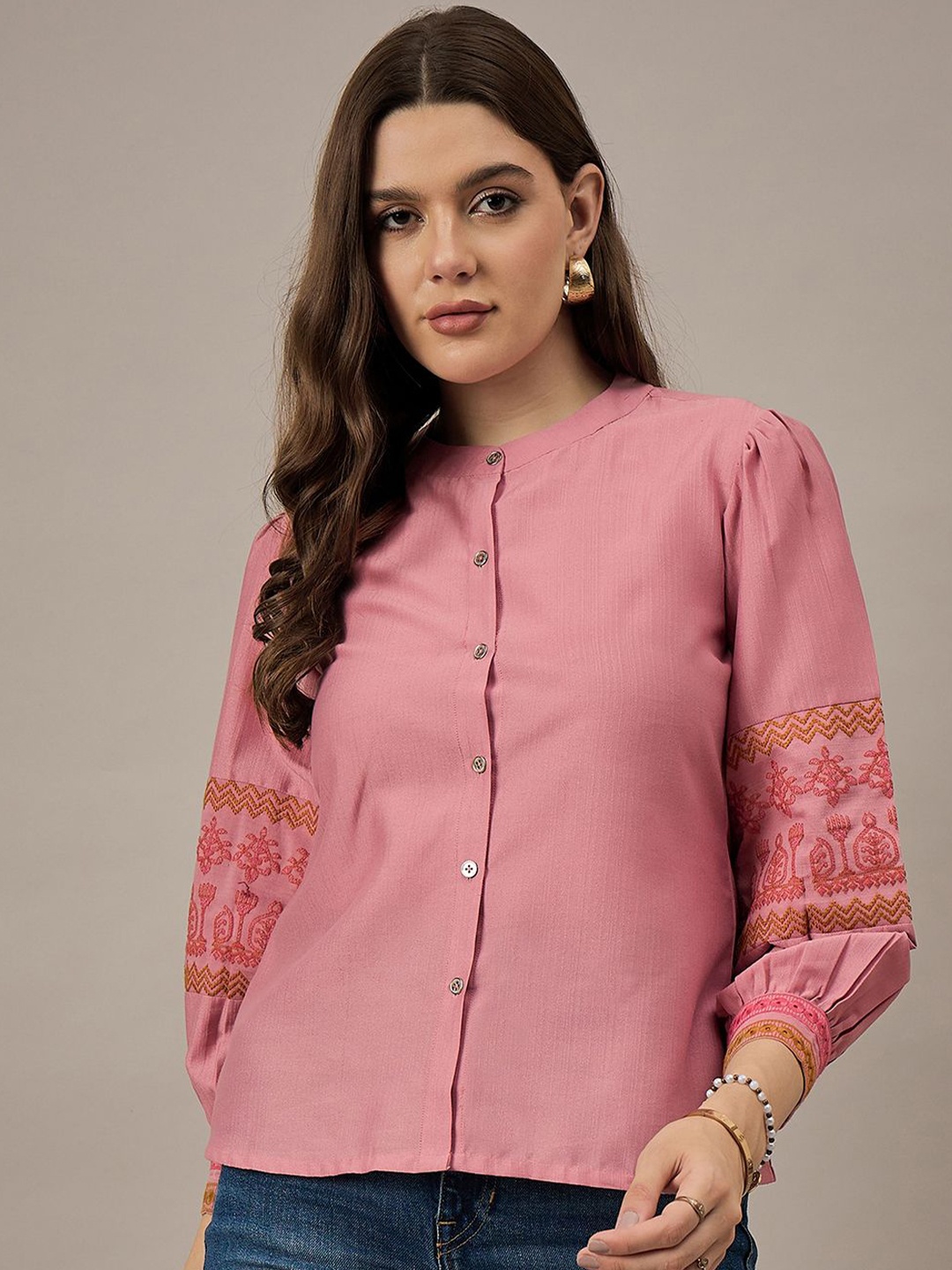 

The Roadster Lifestyle Co Women Embroidered Puff Sleeves Shirt Style Top, Pink