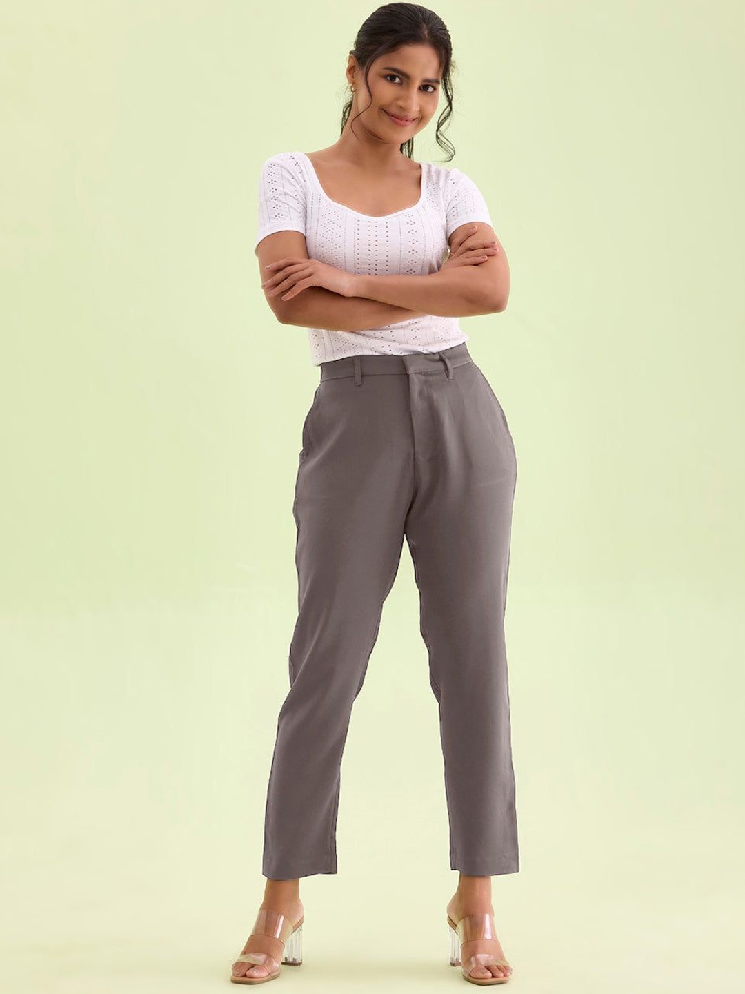 

Go Colors Women Mid-Rise Tapered Fit Regular Trousers, Grey