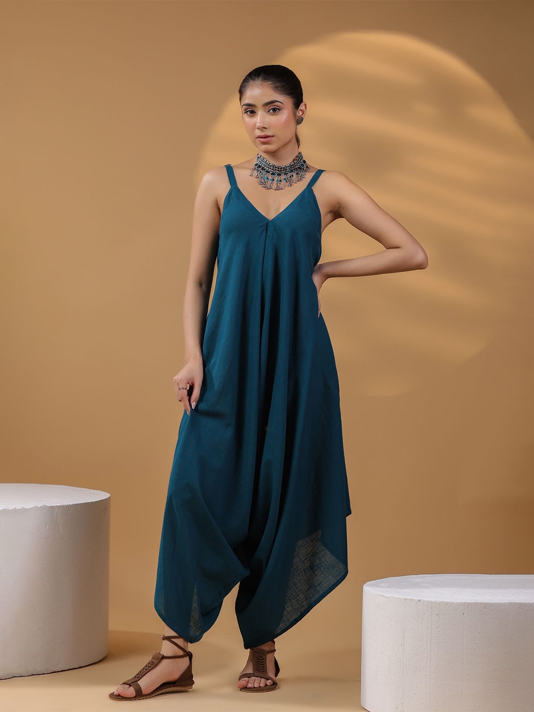 

Rain & Rainbow Women Cotton Shoulder Straps Basic Jumpsuit, Teal