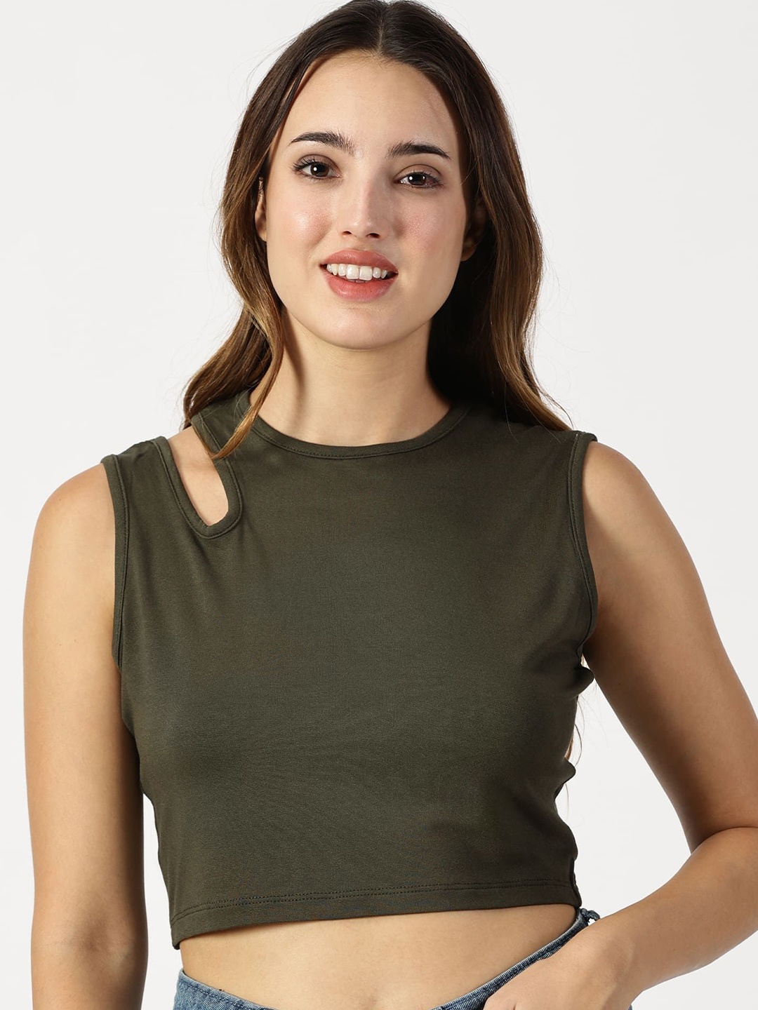 

RAVINIK Women Sleeveless Cut Out Details Tank Crop Top, Olive