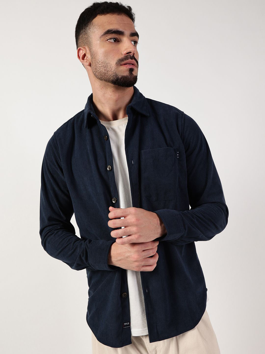 

Thomas Scott Men Premium Spread Collar Corduroy Casual Shirt, Navy blue