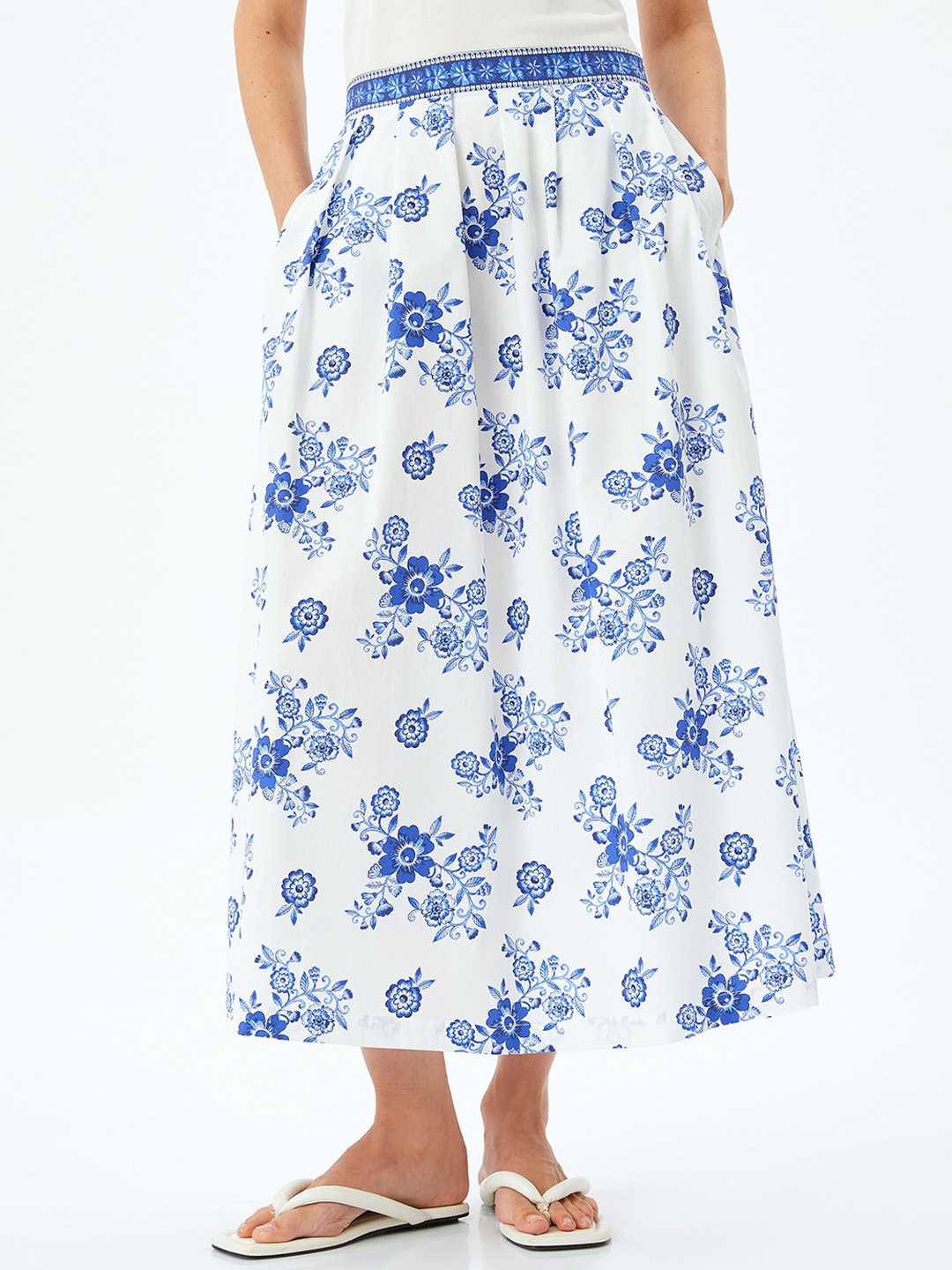 

Koton Women Floral Printed High-Rise Wide Leg Cotton Palazzos, Blue