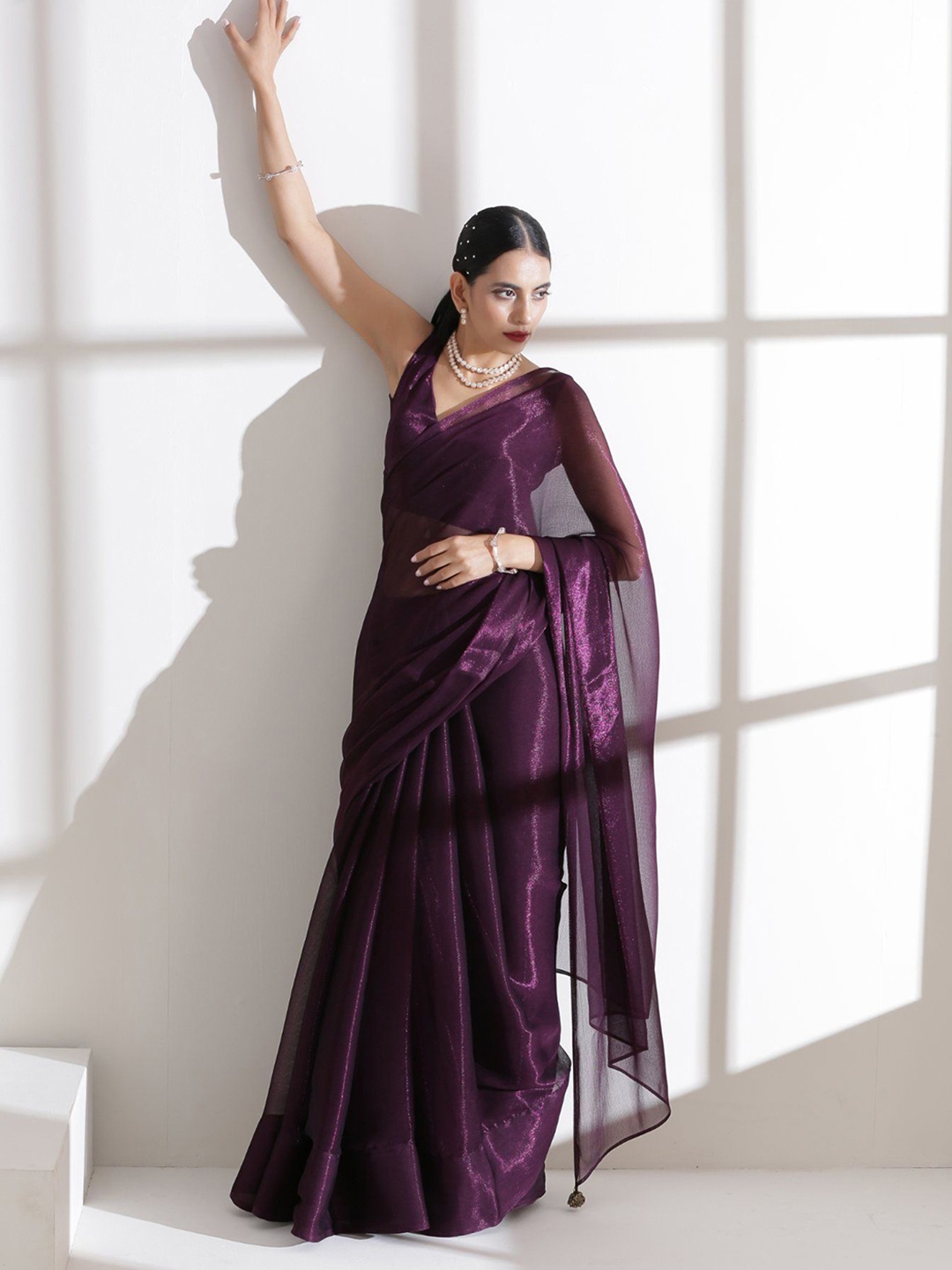 

SWADESI STUFF Solid Pure Chiffon Saree With Blouse Piece, Burgundy