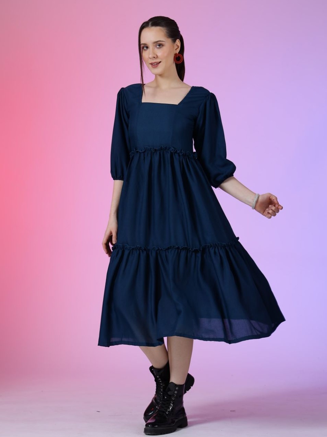 

Raiyani Enterprise Women Puff Sleeves Fit & Flare Midi Dress, Blue
