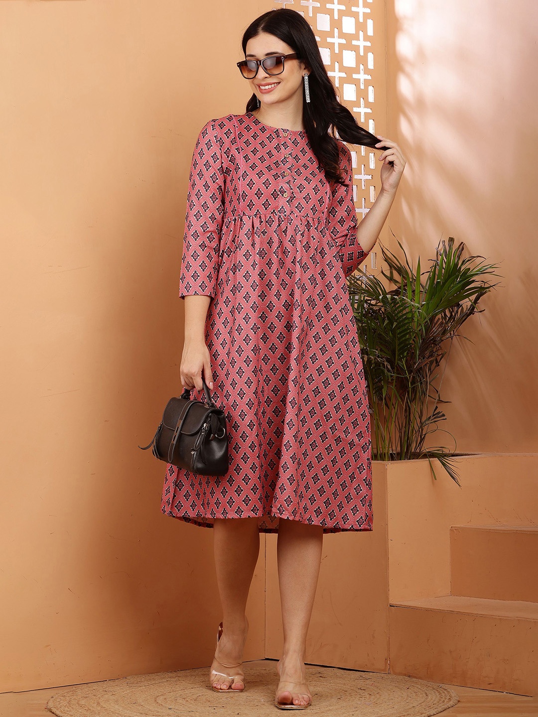 

RIG-TIE Women Ethnic Motifs Printed Maternity Fit & Flare Dress, Red
