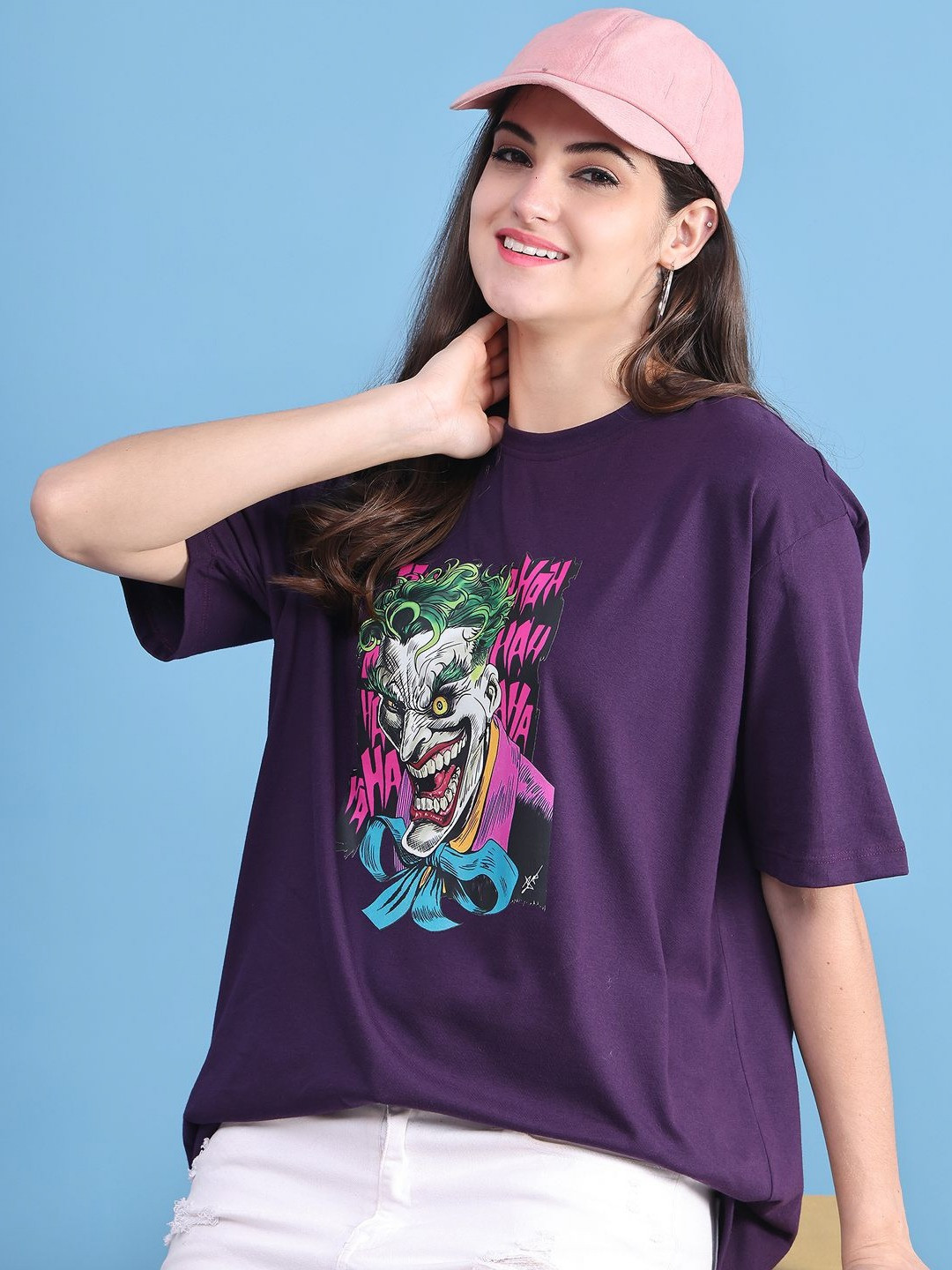 

DOOR74 Women Printed Drop-Shoulder Sleeves T-shirt, Purple