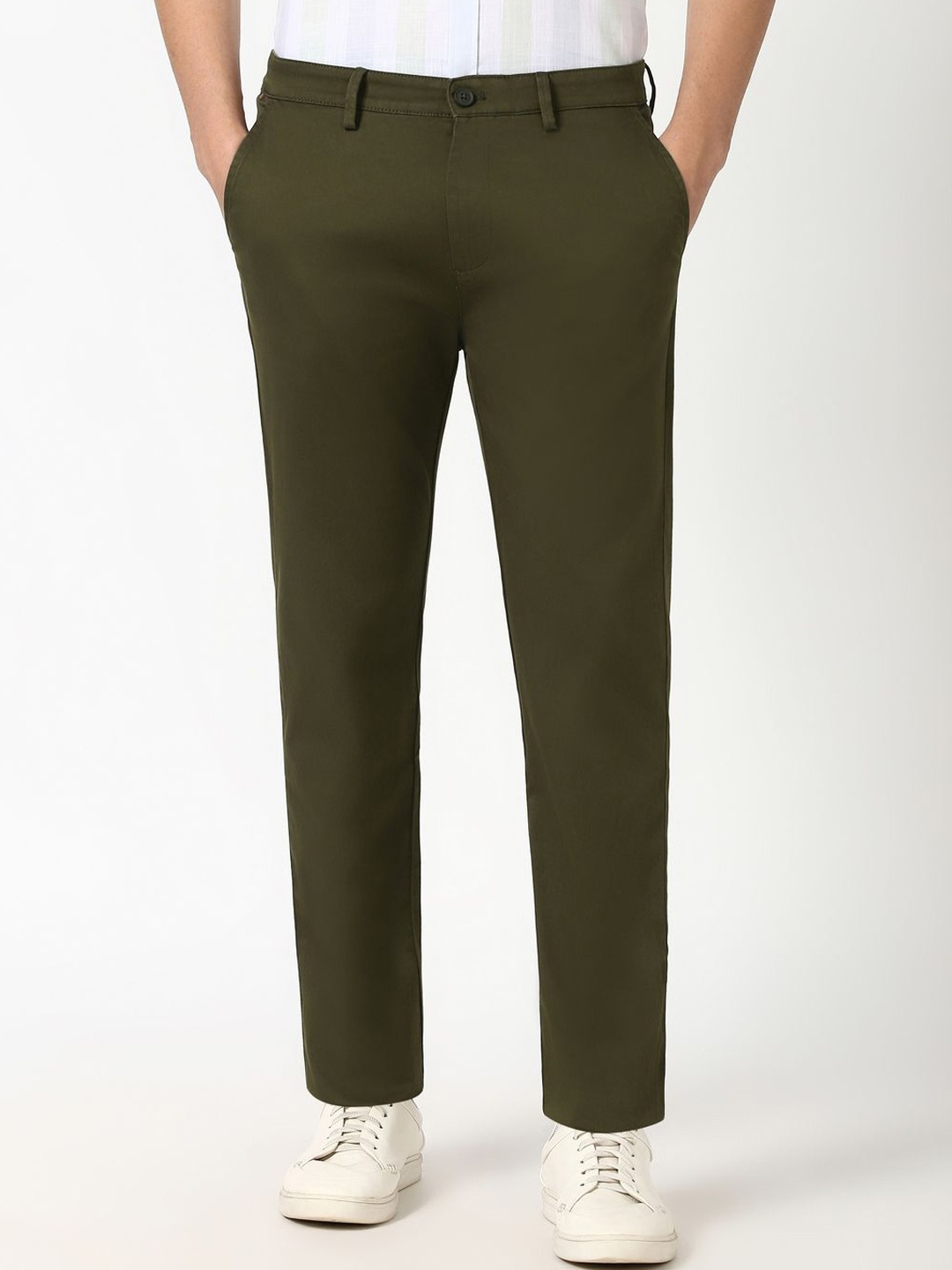 

Peter England Casuals Men Super Slim Fit Mid-Rise Trousers, Olive