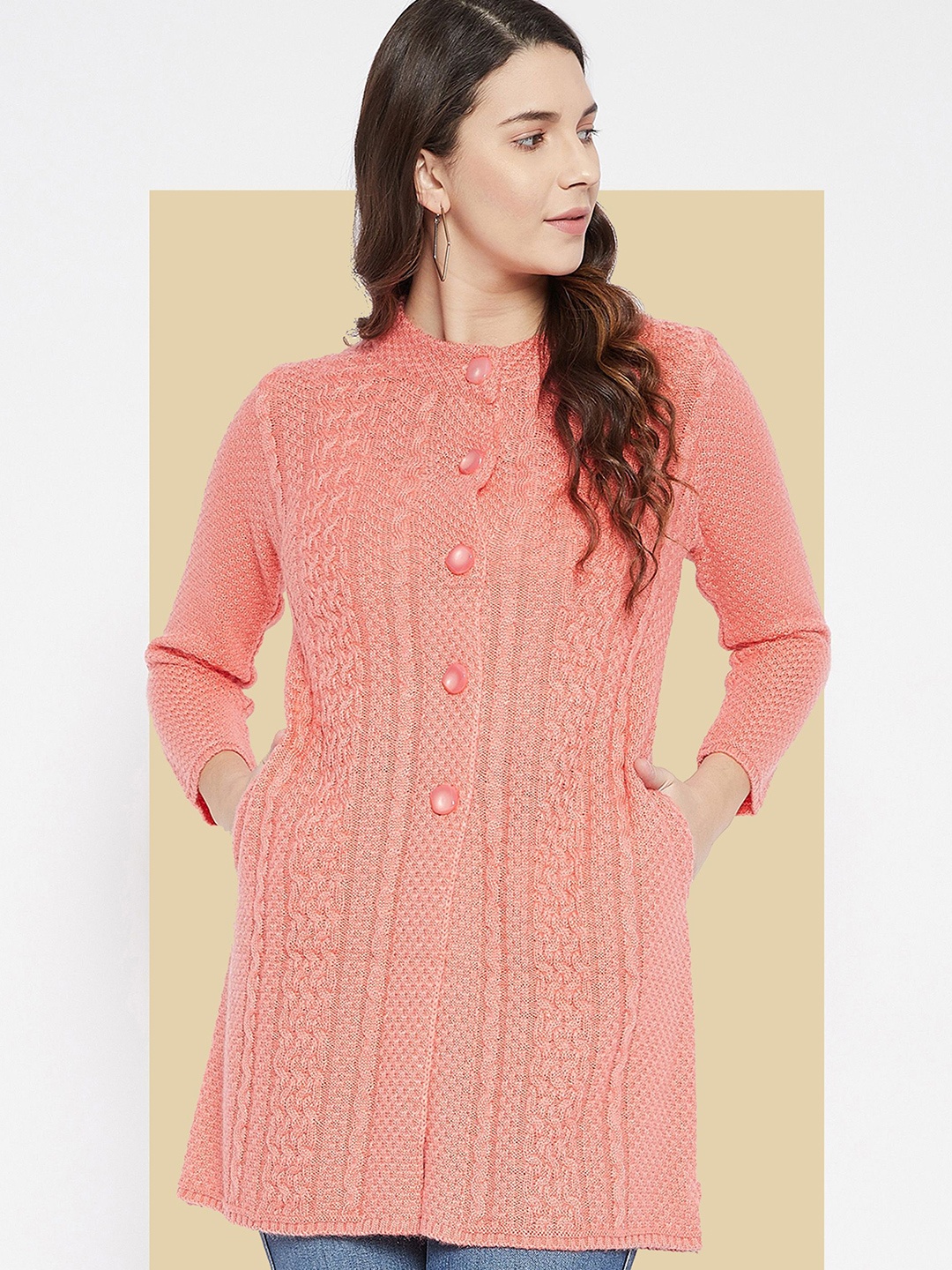 

Zigo Women Cable Knit Woollen Longline Cardigan, Peach