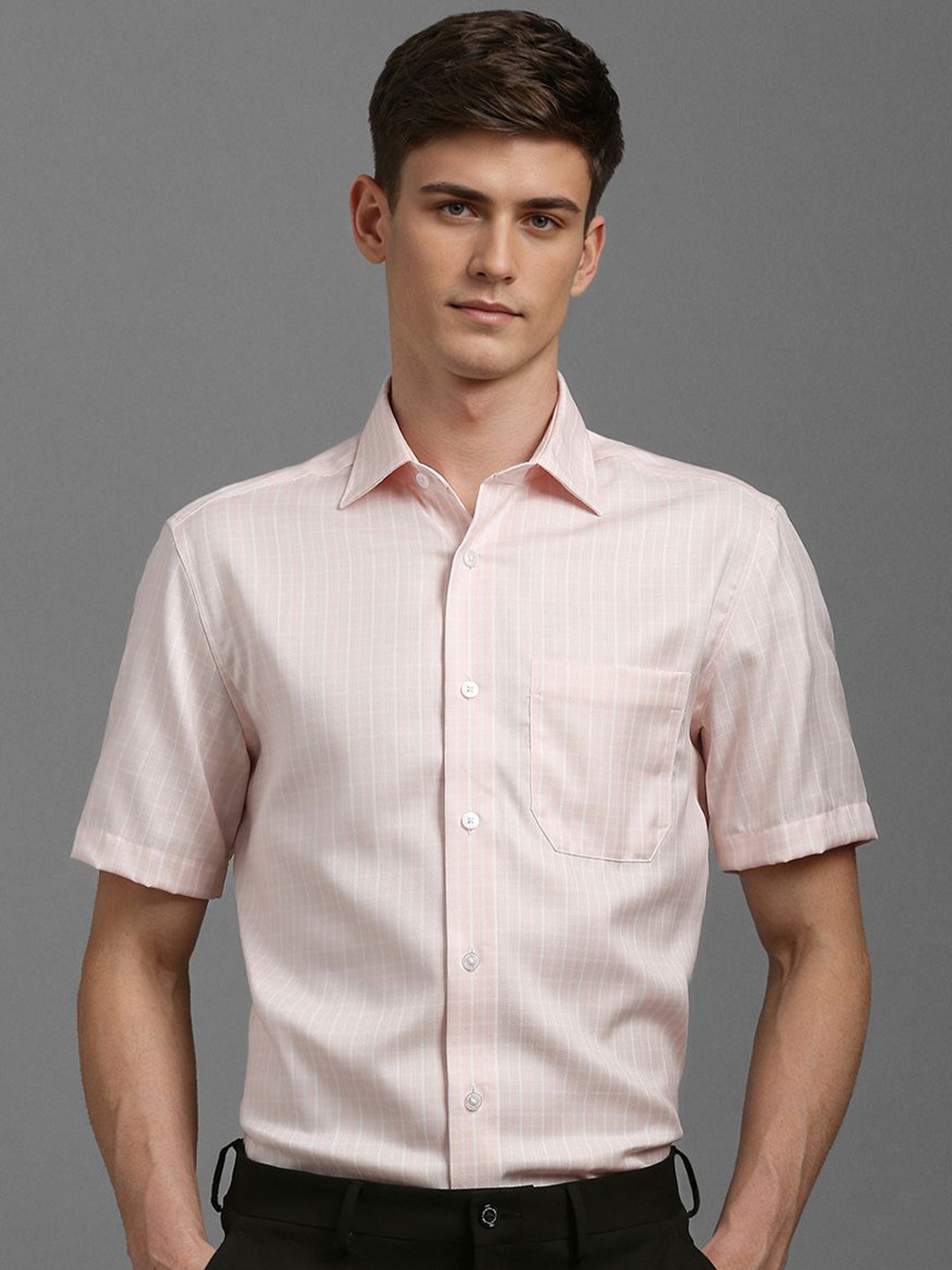 

Louis Philippe Men Classic Spread Collar Checked Cotton Formal Shirt, Pink