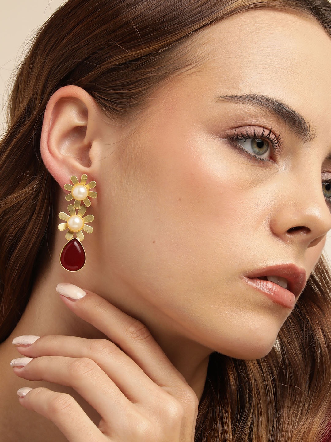 

Anouk Gold-Plated Beaded Floral Drop Earrings, Maroon