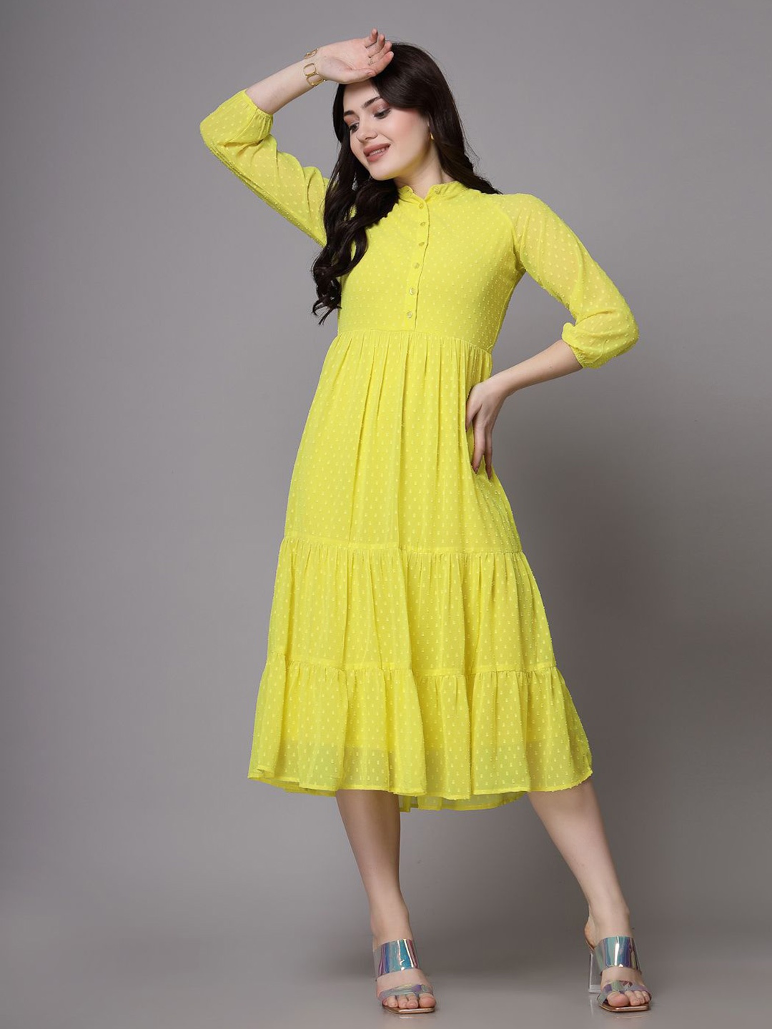 

BAESD Women Mandarin Collar Puff Sleeve Fit & Flare Midi Dress, Yellow