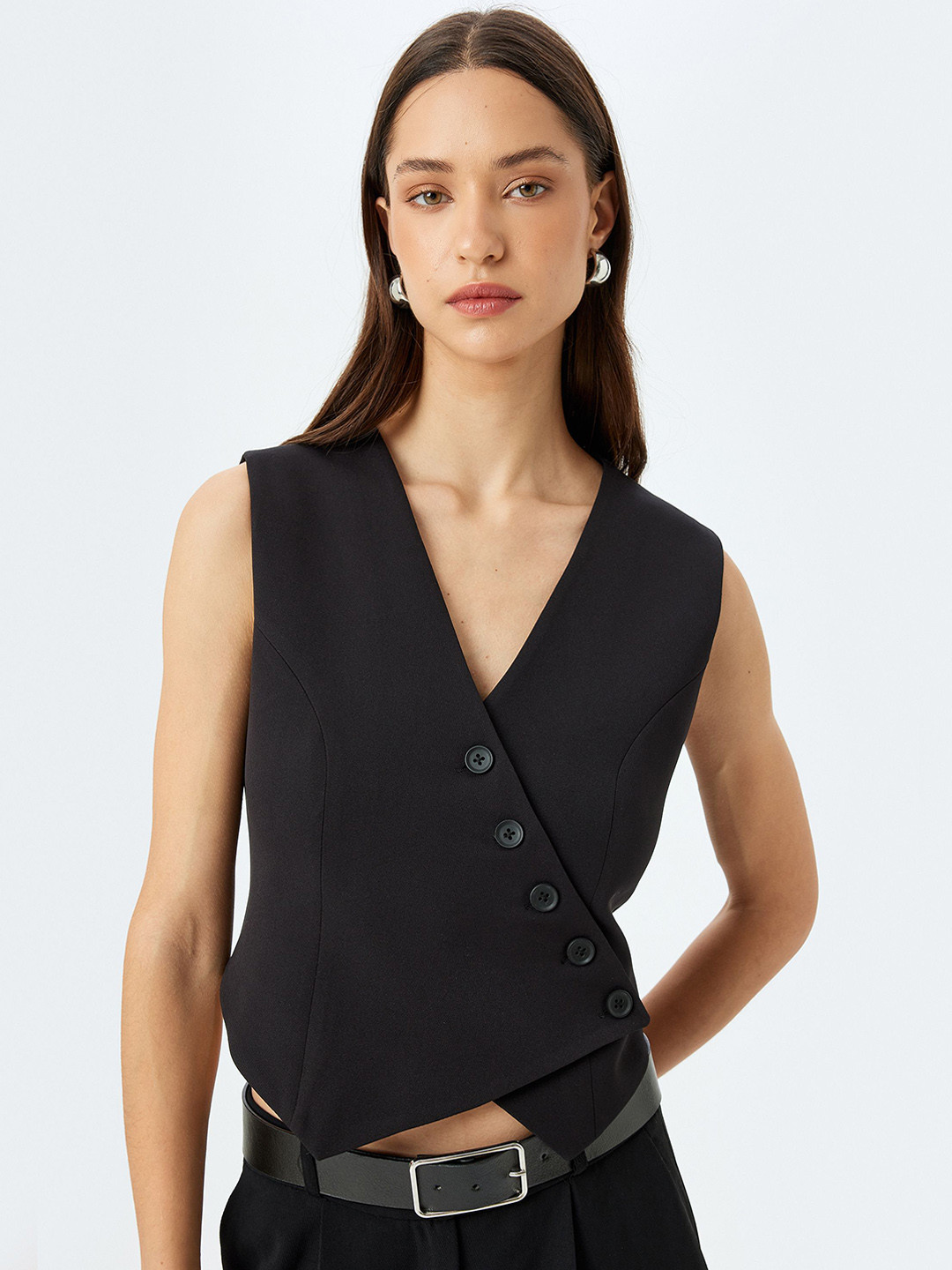 

Koton Women Solid Casual Waistcoat, Black