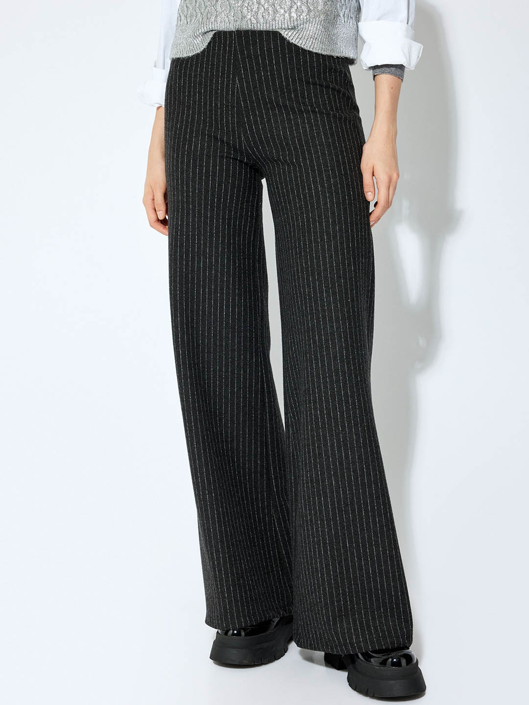 

Koton Women Striped Bootcut Trousers, Grey