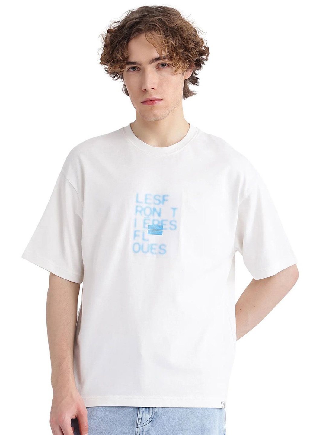 

RARE RABBIT Men Typography Printed Round Neck Cotton Oversized T-shirt, Off white