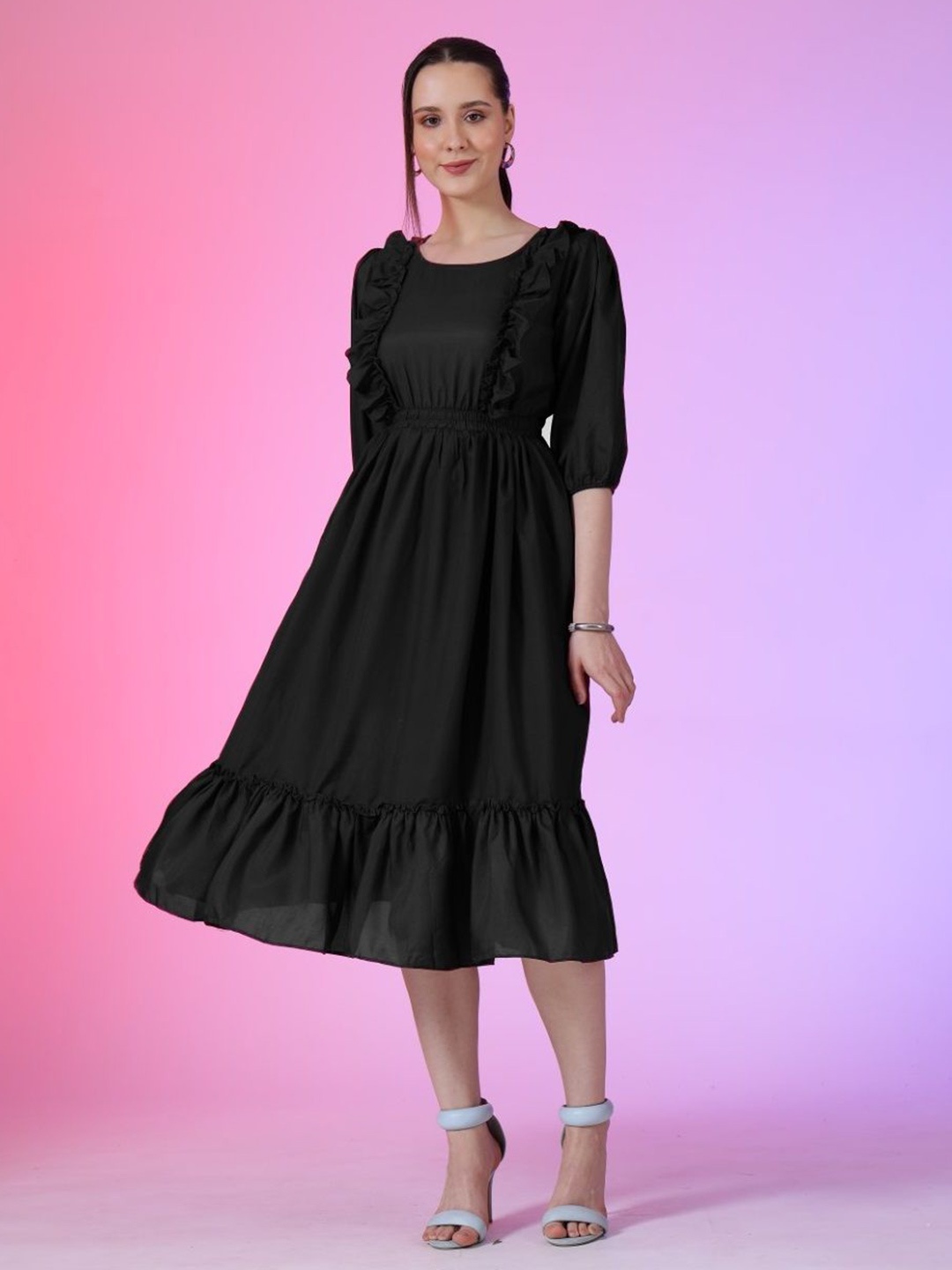 

Femvy Women Round Neck Puff Sleeves Fit & Flare Dress, Black