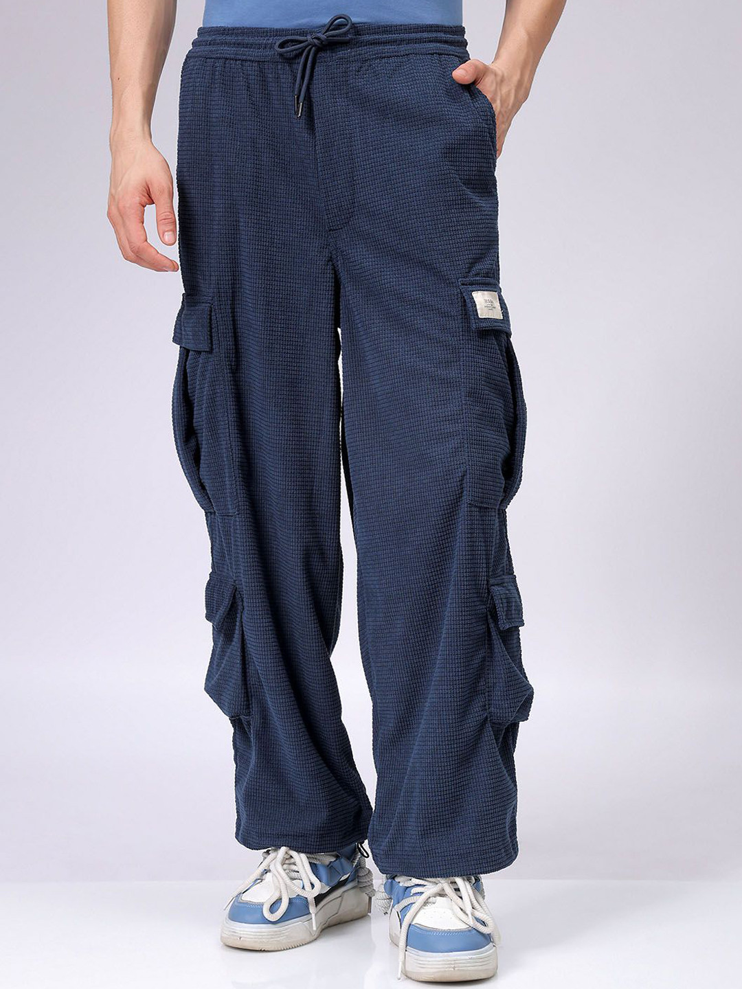

The Indian Garage Co Men Flared Mid-Rise Cargos Trousers, Blue