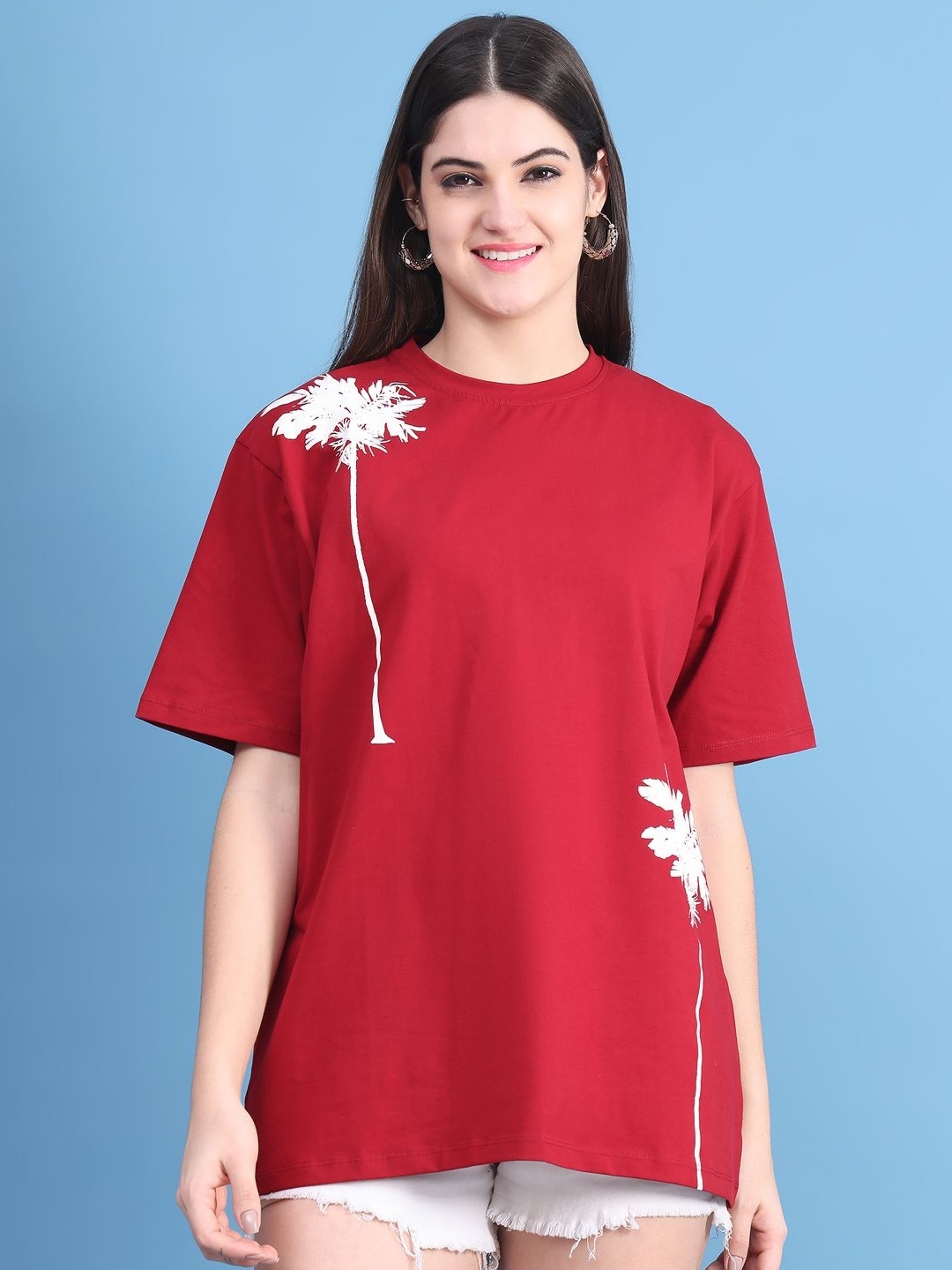

DOOR74 Women Floral Printed Drop-Shoulder Sleeves T-shirt, Red