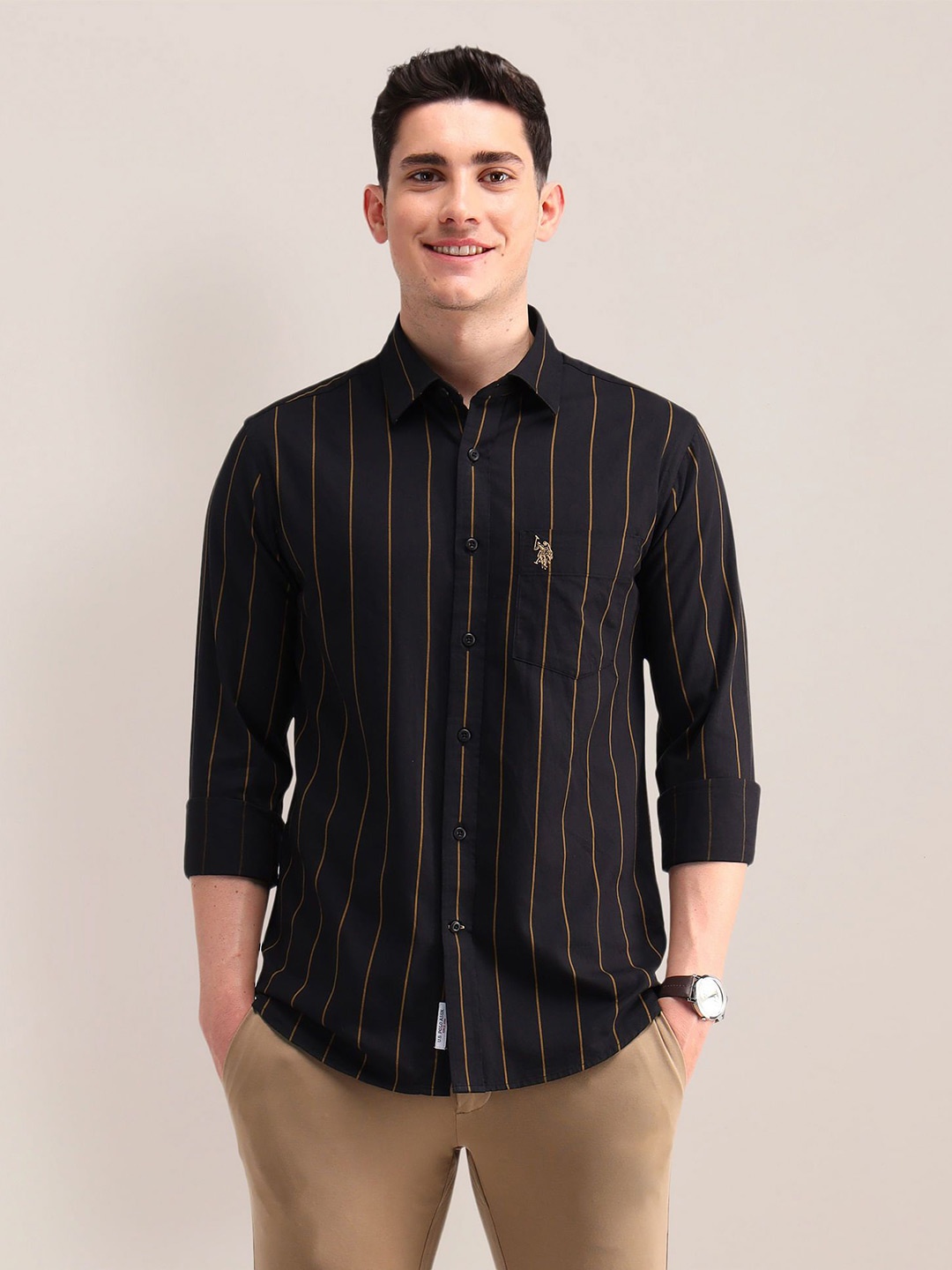 

U.S. Polo Assn. Men Tailored Fit Opaque Striped Casual Shirt, Black