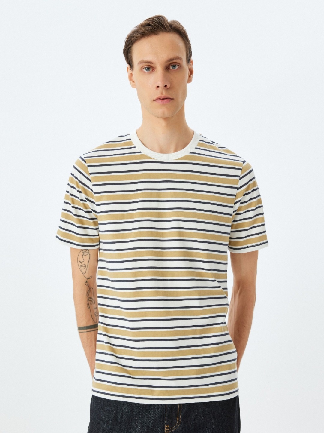 

Koton Men Striped Round Neck Cotton T-shirt, White
