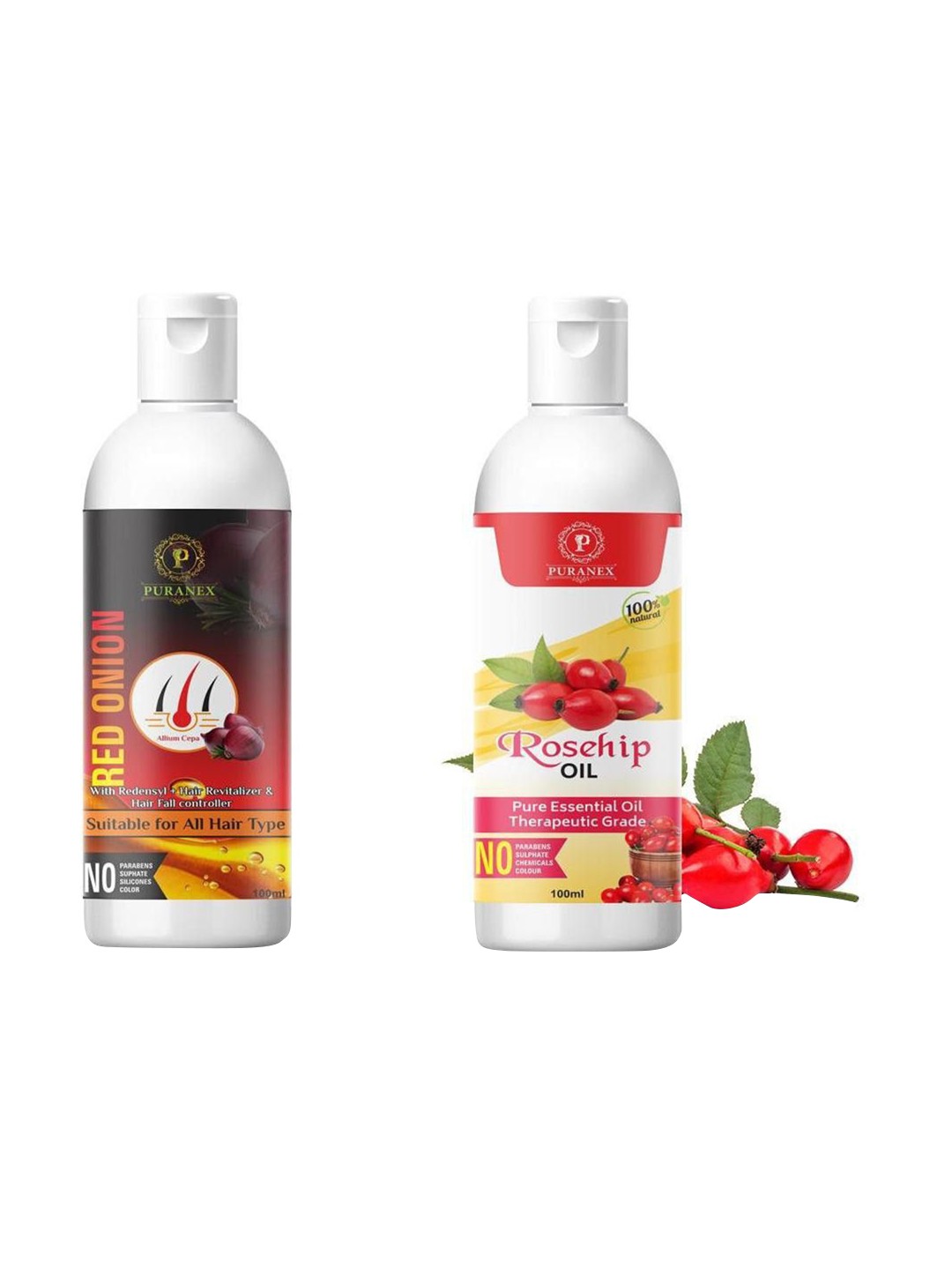 

Puranex Set Of 2 Natural & Pure Red Onion & Rosehip Oil - 100 ml Each, Transparent