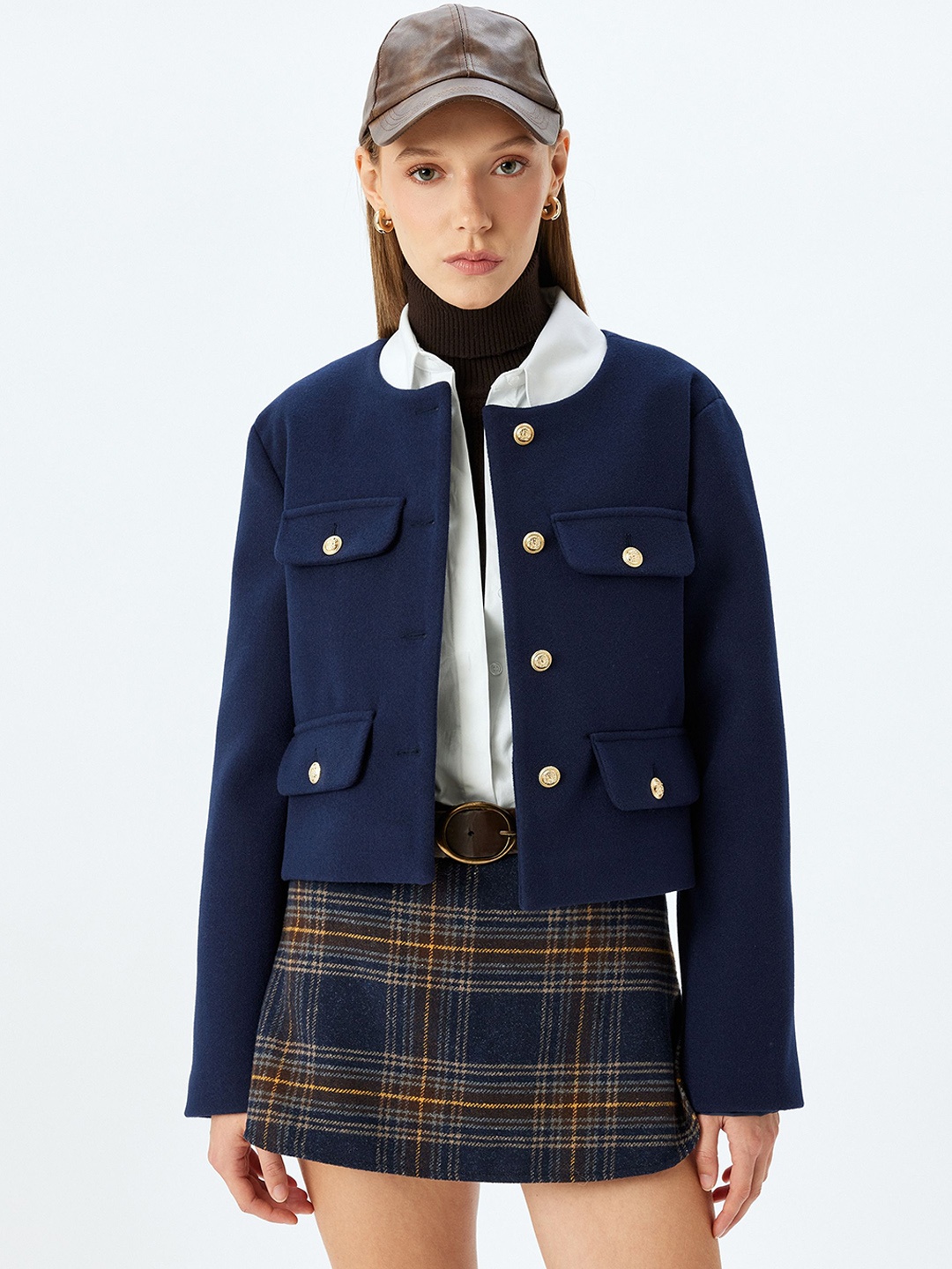 

Koton Women Colourblocked Crop Open Front Jacket, Navy blue