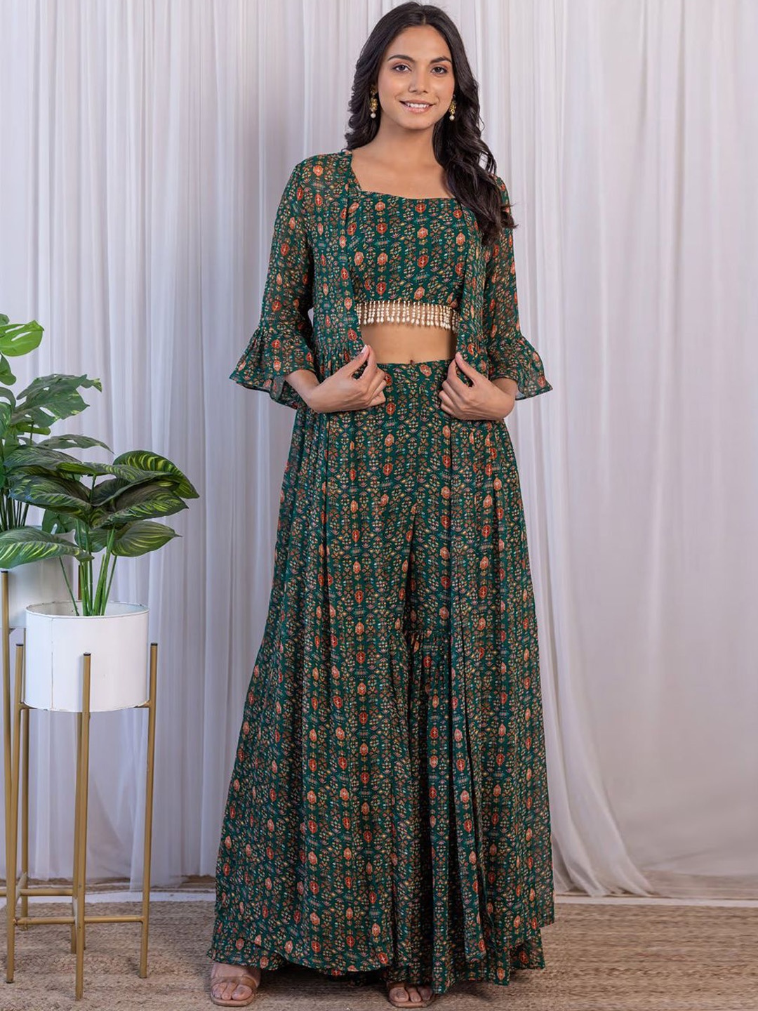 

Fusionic Women Printed Tassel Detailed Crop Top & Sharara With Shrug, Green