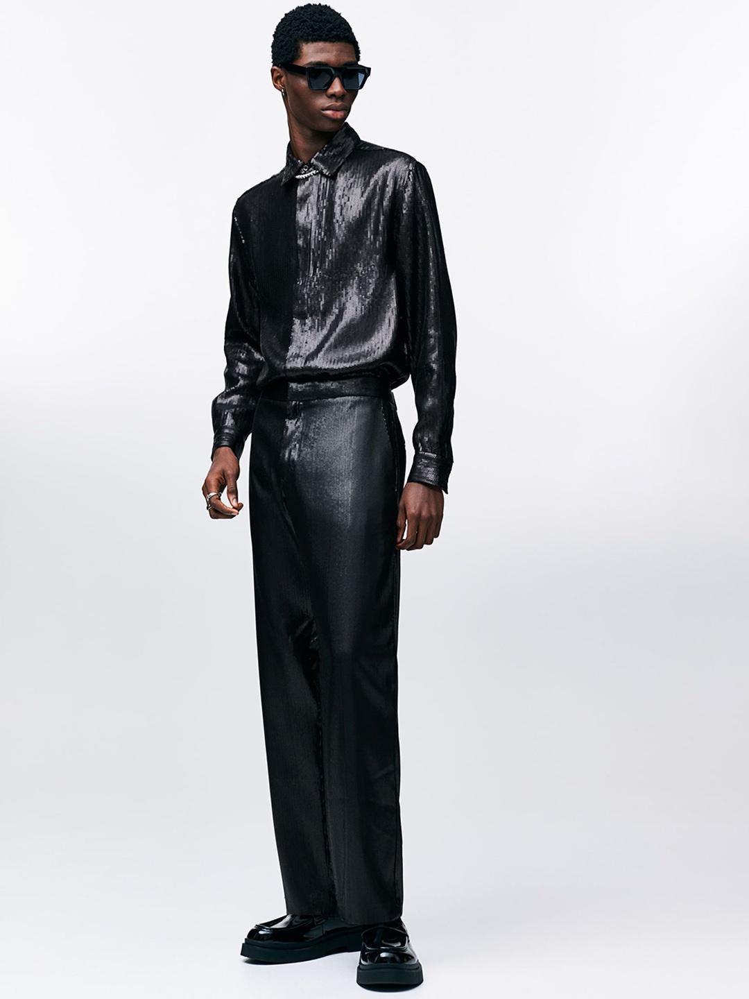 

H&M Men Relaxed-Fit Sequined Trousers, Black