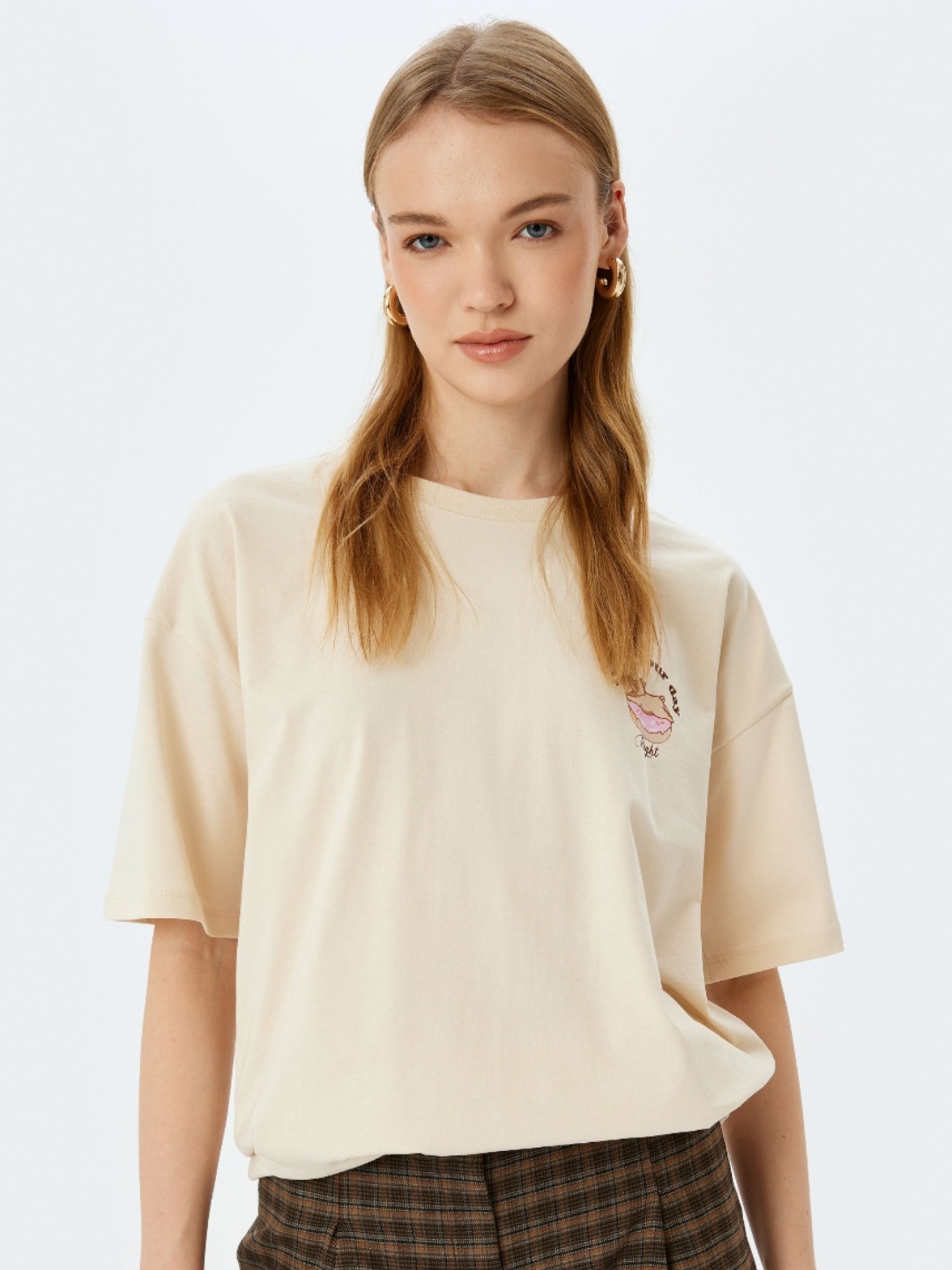 

Koton Women Graphic Printed Round Neck Cotton Oversized T-shirt, Beige