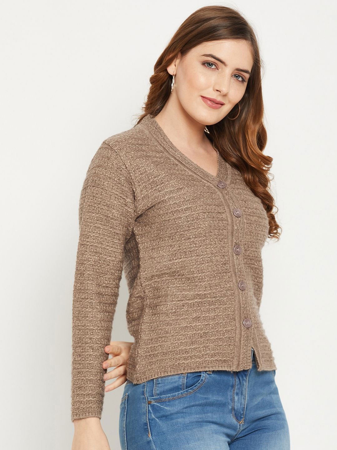 

Zigo Women Self Design Woollen Cardigan, Coffee brown