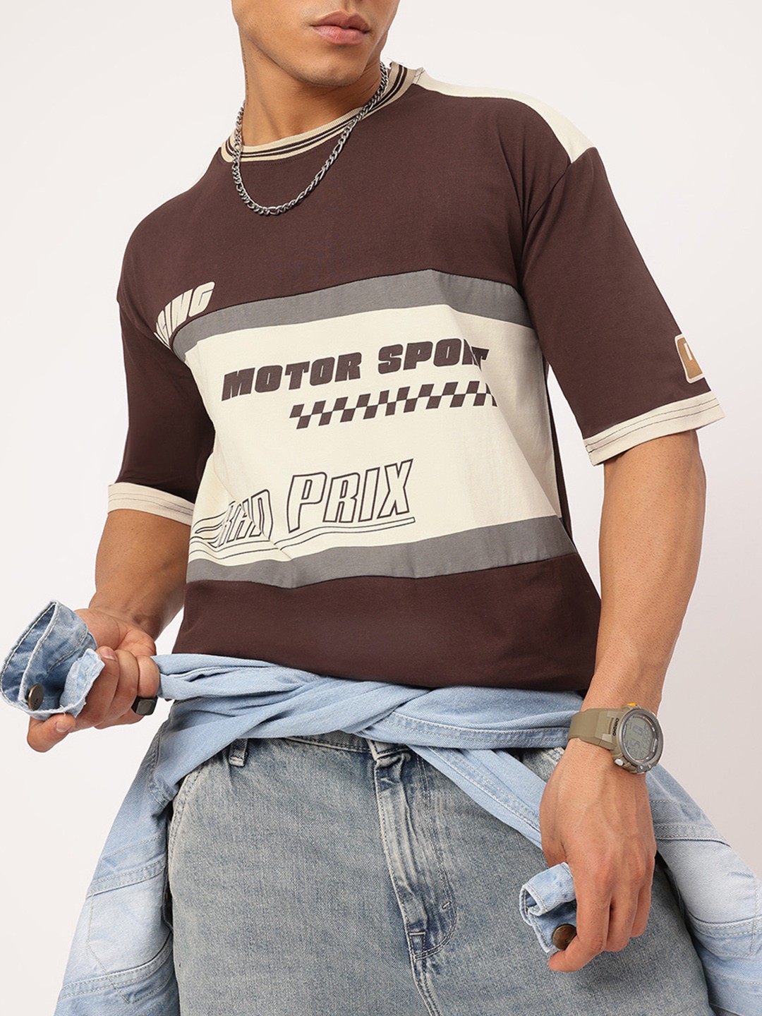 

Kook N Keech Men Typography Colourblocked Oversized Pure Cotton T-shirt, Brown