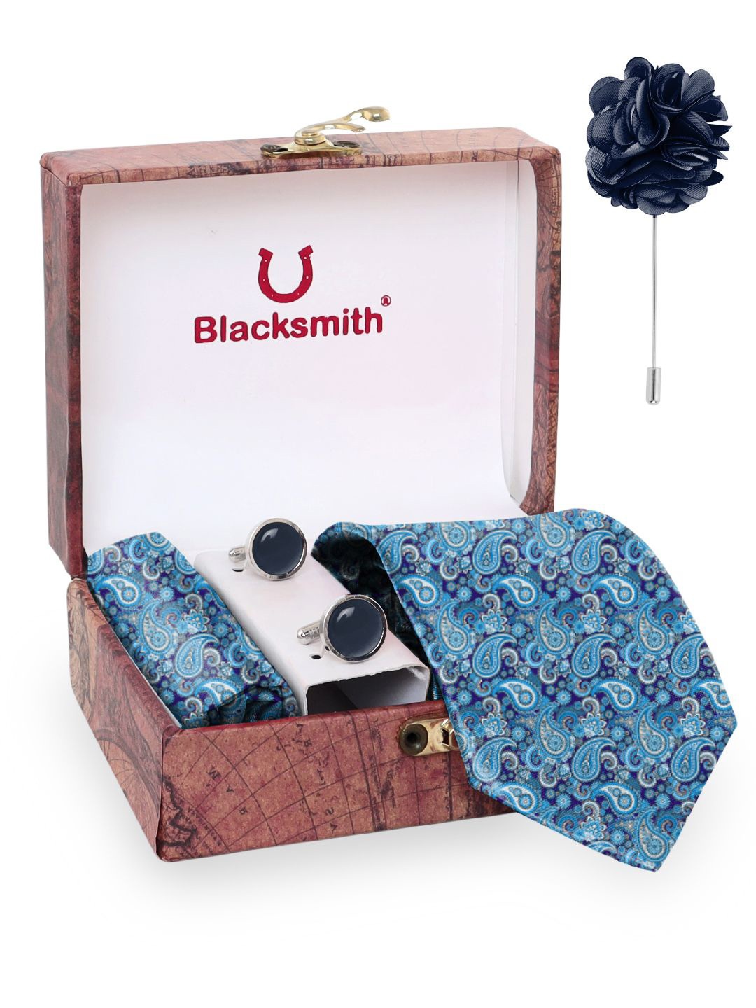 

Blacksmith Men Tie, Cufflinks, Pocket Square Accessory Gift Set, Blue