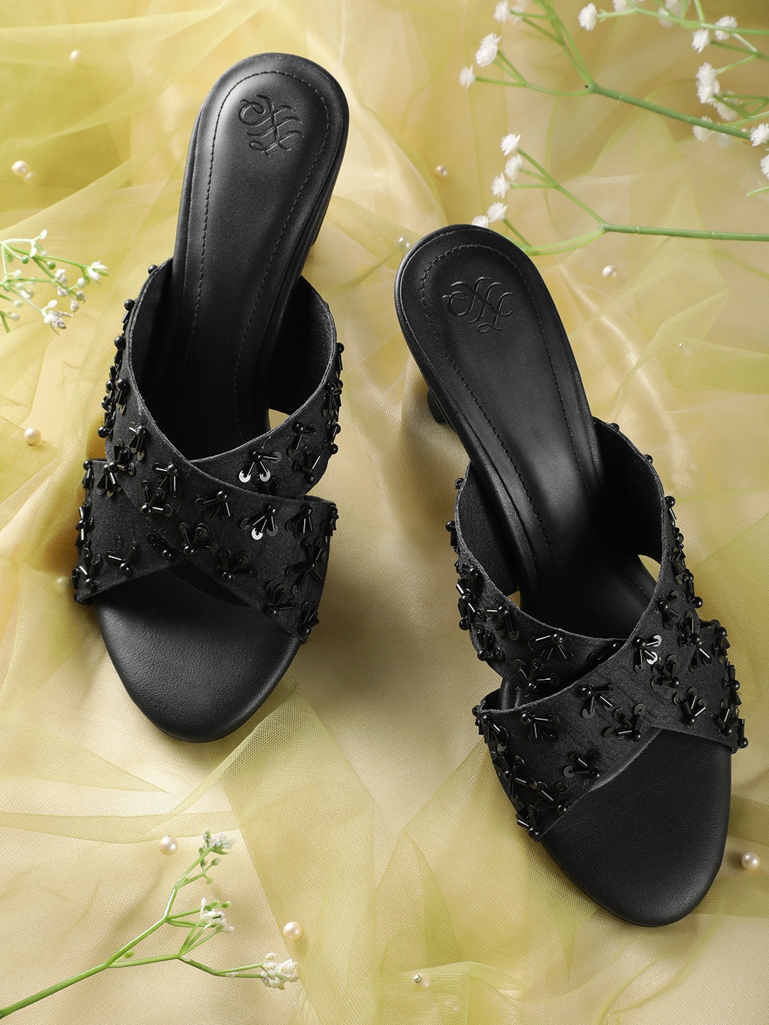

House of Pataudi Embellished Kitten Heeled Sandals, Black