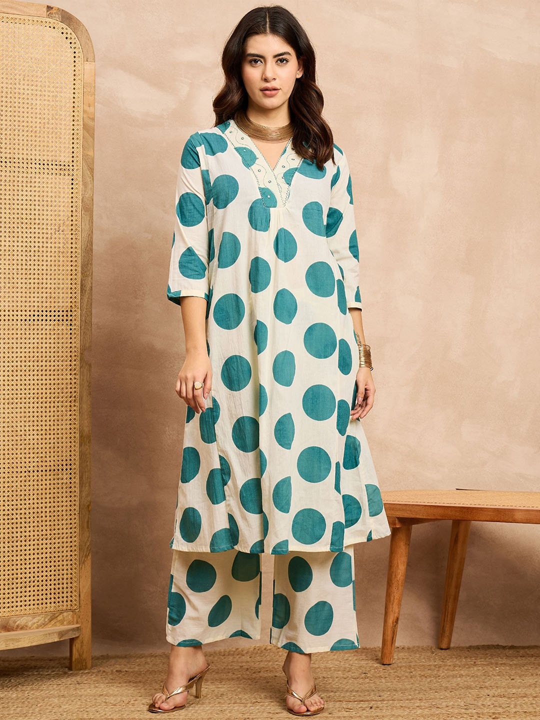 

all about you Polka Dot Printed A-Line Tunic with Palazzos Co-Ords, Off white